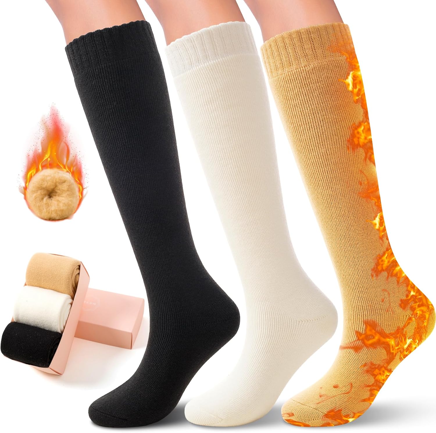 SISOSOCK 3 Pairs Warm Knee High Socks for Women Winter Thick Soft Extreme Cold Weather Thermal Boot Socks with Gifts Box