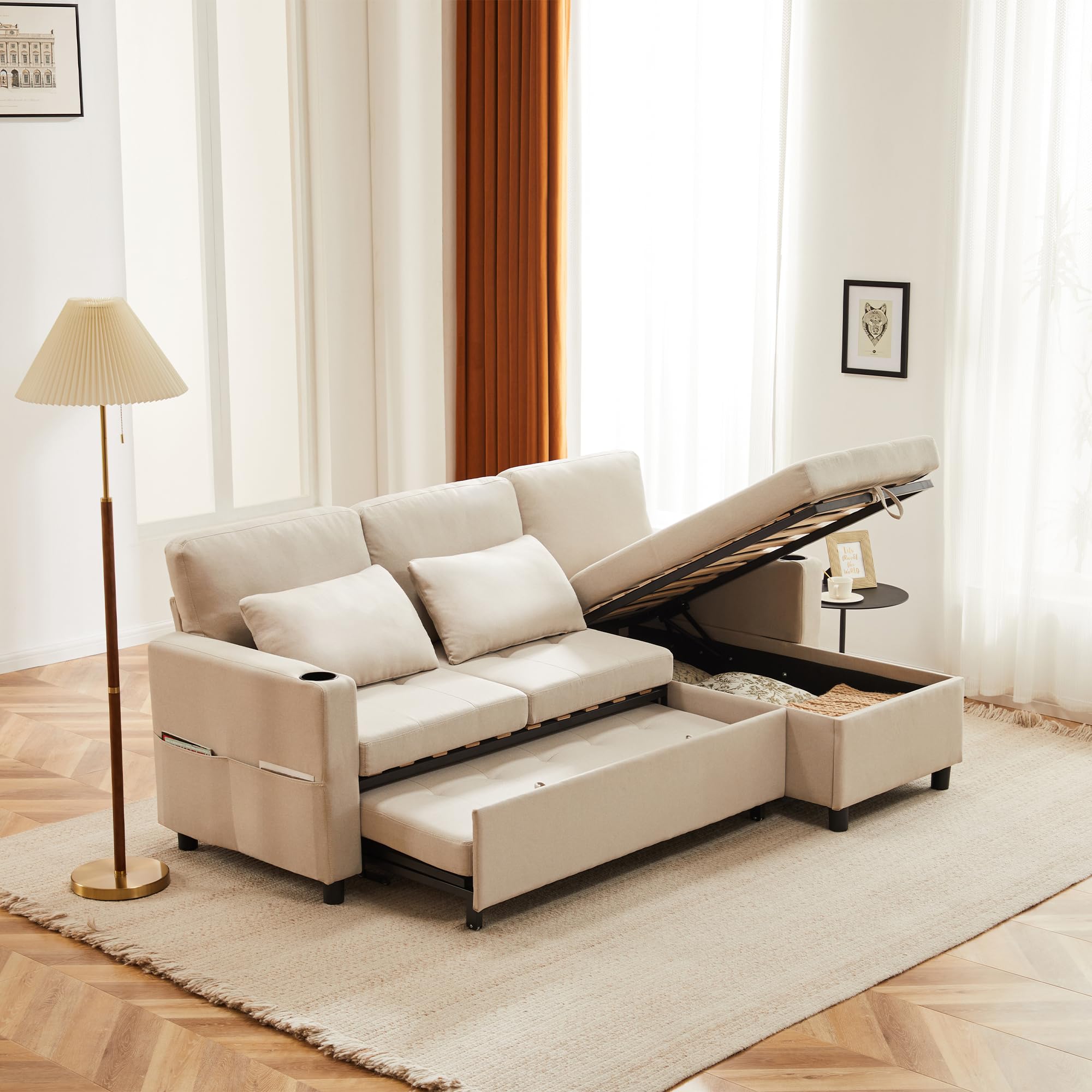 Ecksofa Klappbares Schlafsofa Couch Sofa mit Schlaffunktion und Bettkasten, Bettsofa mit Großer Liegefläche, Schlafcouch Polstermöbel Couchgarnitur Ecke Bettcouch mit Stauraum und Becherhalter, Beige Küche, Haushalt & Wohnen
