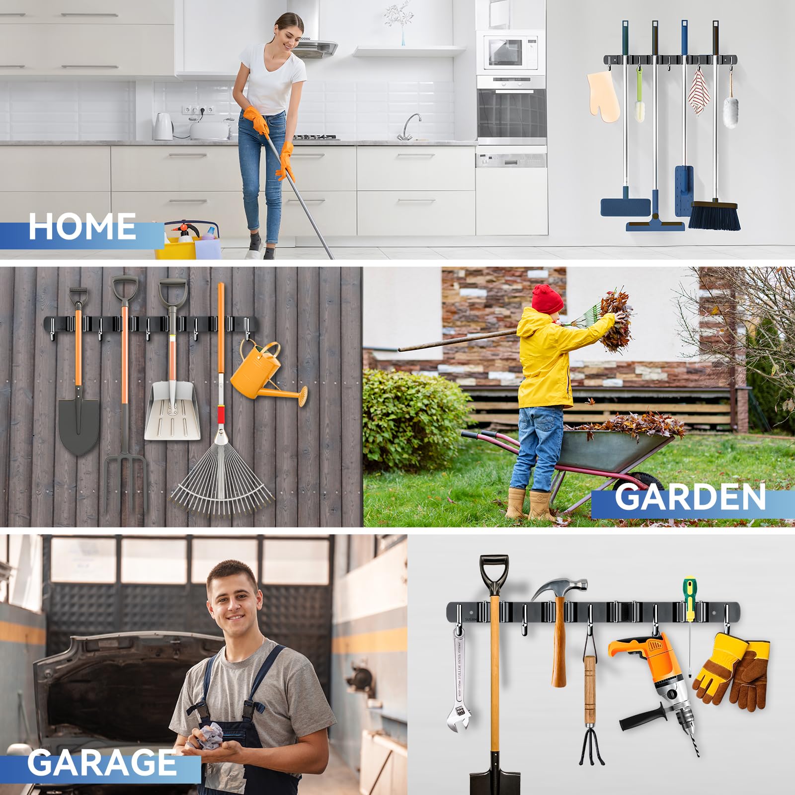Paquete de 2 soportes de pared para escobas, 4 estantes y 5 ganchos, colgador de fregona, organizador de escobas de acero inoxidable resistente, para el hogar, cocina, jardín, lavandería 7