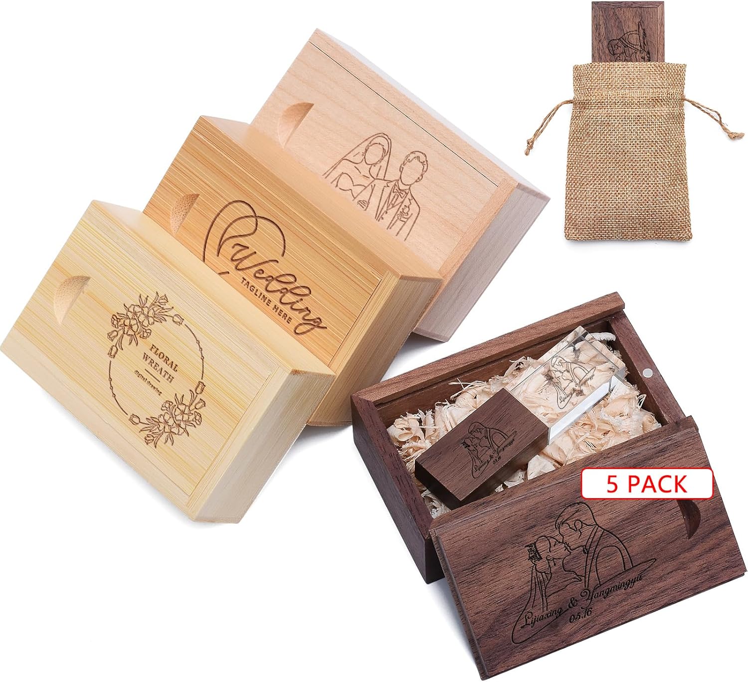 64GB 5Pcs Custom Crystal USB 3.0 Flash Drive with Wooden Gift Box, Wedding Thumb Drive with Linen Bag, Personalized Crystal USB Sticks, Engraved Your Logo & Text for Wedding/Company/Photography