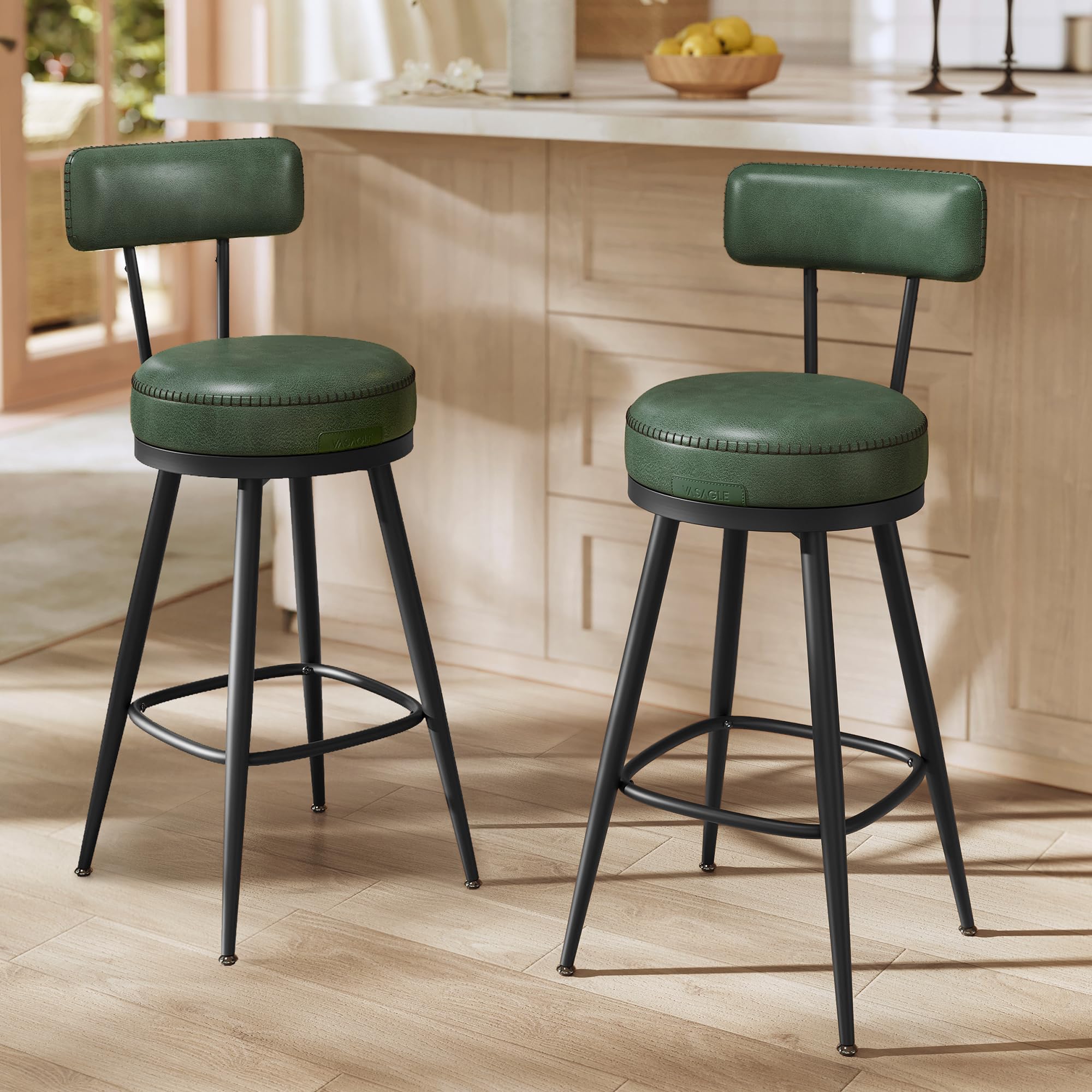 VASAGLE EKHO Collection - Bar Stools Set of 2, Swivel Counter Height Bar Stools with Back, Synthetic Leather with Stitching, Mid-Century Modern, 25.6-Inch Tall Barstools for Kitchen Bar, Forest Green
