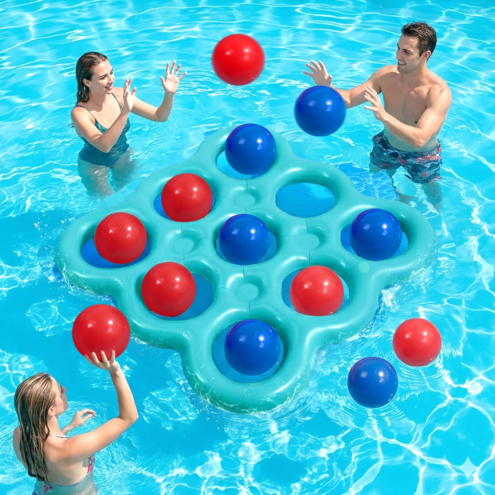 MoKo Pool Water Toys Tic-Tac-Toe Games Set, Inflatable Floats Toy with 10 Balls, Pool Games for Family Party Outdoor Beach Adults Teens Kids 2-10 Players, Lake Blue