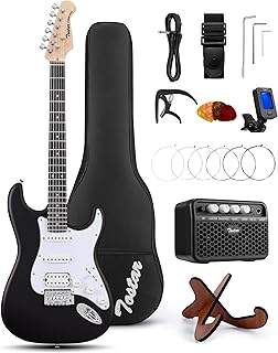 Tostar Electric Guitar Kit with Amp, 39" Full Size, Versatile Sound, Rounded Body Design, 5-Way SSH Pickup Switch, 2 Tone & 1 Volume Knobs, Beginner Guitar for Man Woman, Black Electric Guitar