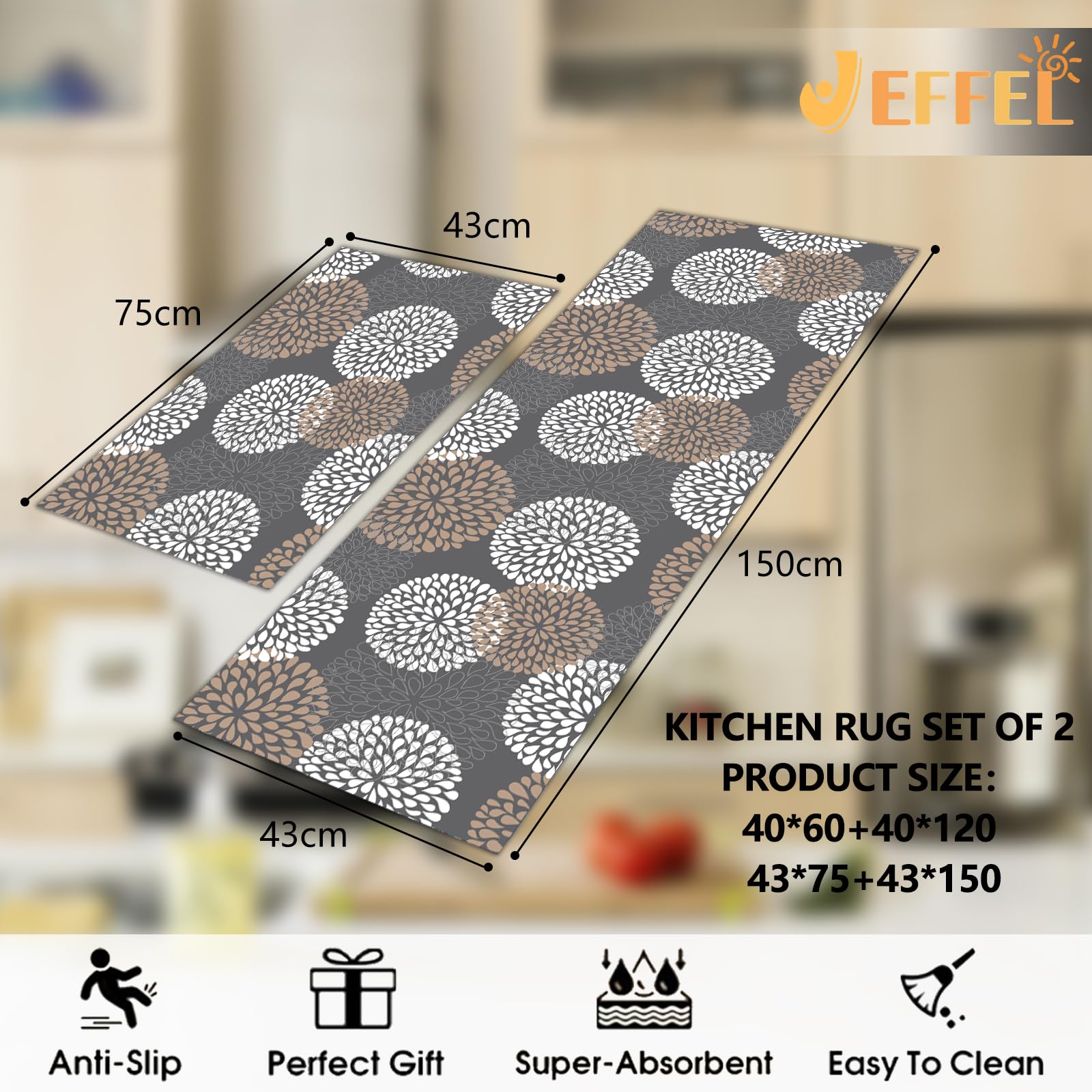 Set di 2 tappetini da cucina antiscivolo, lavabili, anti-affaticamento, per cucina, decorazione per la casa, ufficio, scrivania in piedi (L, 43x75+43x150cm)