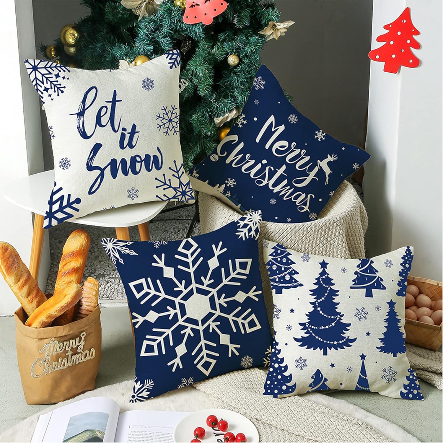 Christmas Pillow Covers 20X20 Navy Blue Christmas Throw Pillow Covers Farmhouse Pillow Cases Snowflake Holiday Decoration Pillowcases Xmas Trees Elk Deer Cushion Covers for Sofa Couch Set of 4