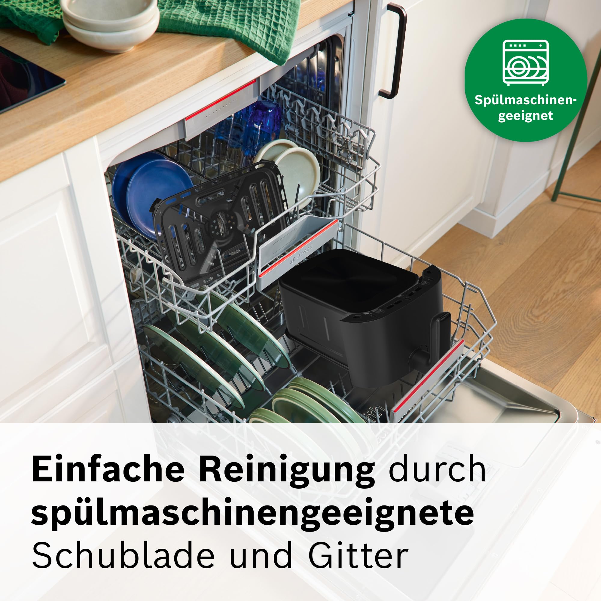Bosch Heißluftfritteuse Serie 2, 4 L großer Korb für bis zu 2 Personen, Kleine Heißluftfritteuse, 6 Programme, Schwarz, 1.300 Watt, MAF24AB0