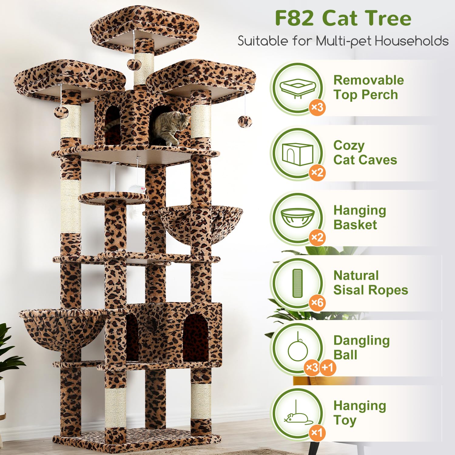 Globlazer F82 Kratzbaum XXL 209cm Luxus Schloss für Große Katzen, Leoparden | Katzenbaum Stabil über 2 Meter mit 3 Sitzstangen, 2 Katzenhaus, 2 Korb Plattform, Aktivitätskratzbäume für 2/3/4 Katzen Innen