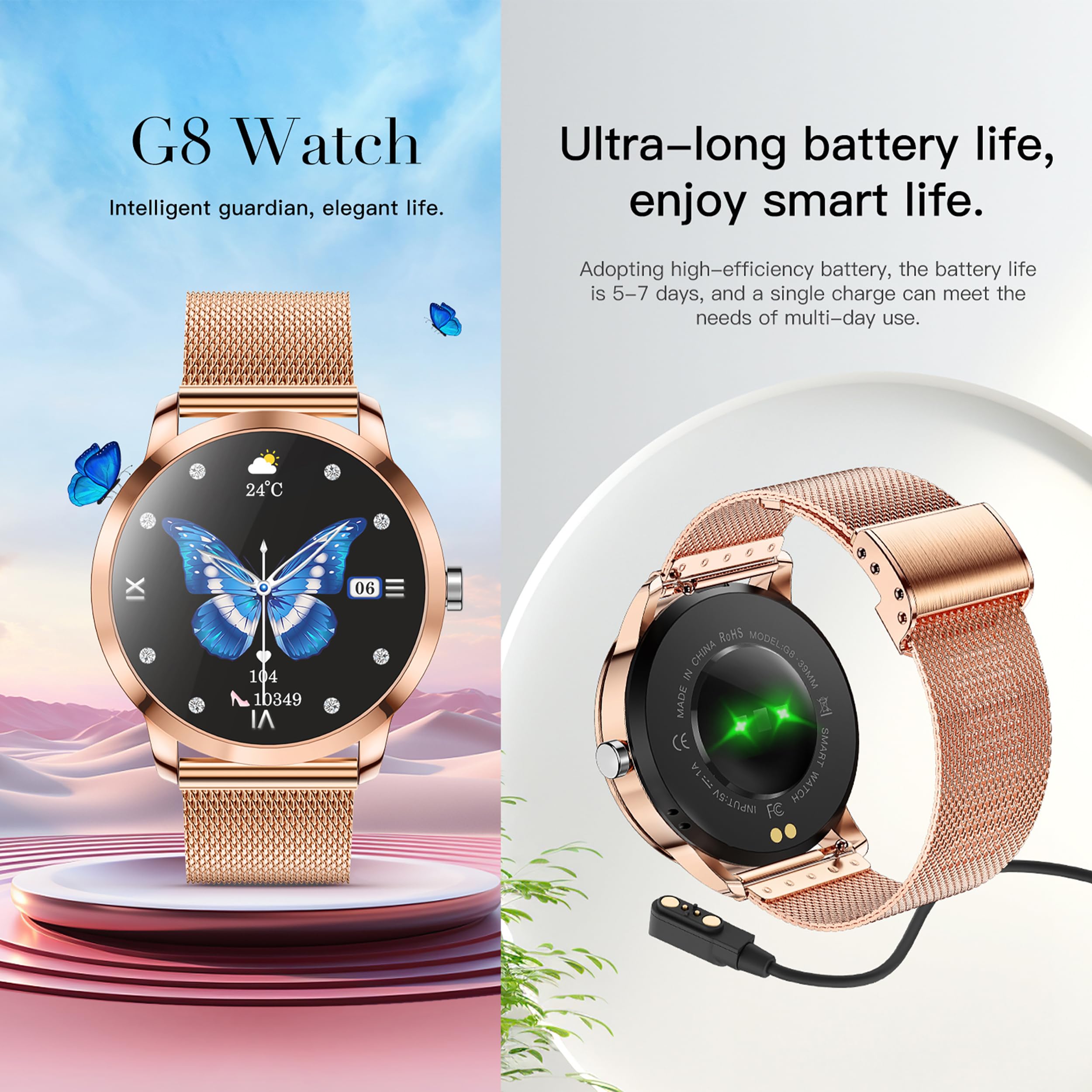 Reloj Inteligente para Mujer con Linterna de Llamadas Bluetooth, batería Grande, 1,27 Pulgadas, AMOLED 5 ATM, Reloj de Fitness con SpO2, medición de presión Arterial (Dorado)