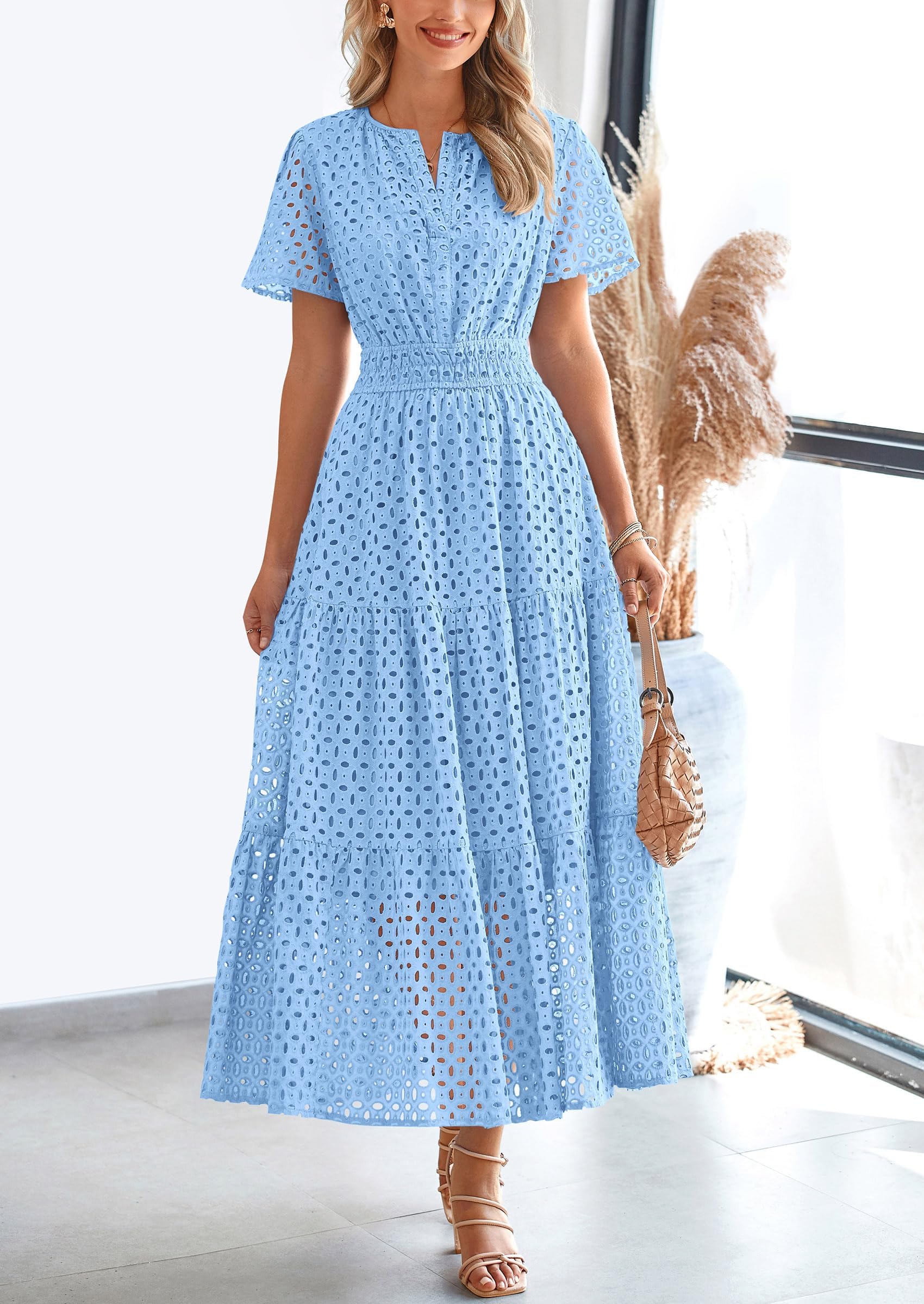 PRETTYGARDEN Womens 2026 Summer Maxi Dress Short Sleeve V Neck Hollow Out Eyelet A Line Long Flowy Beach Vacation Dresses: Light Blue Large