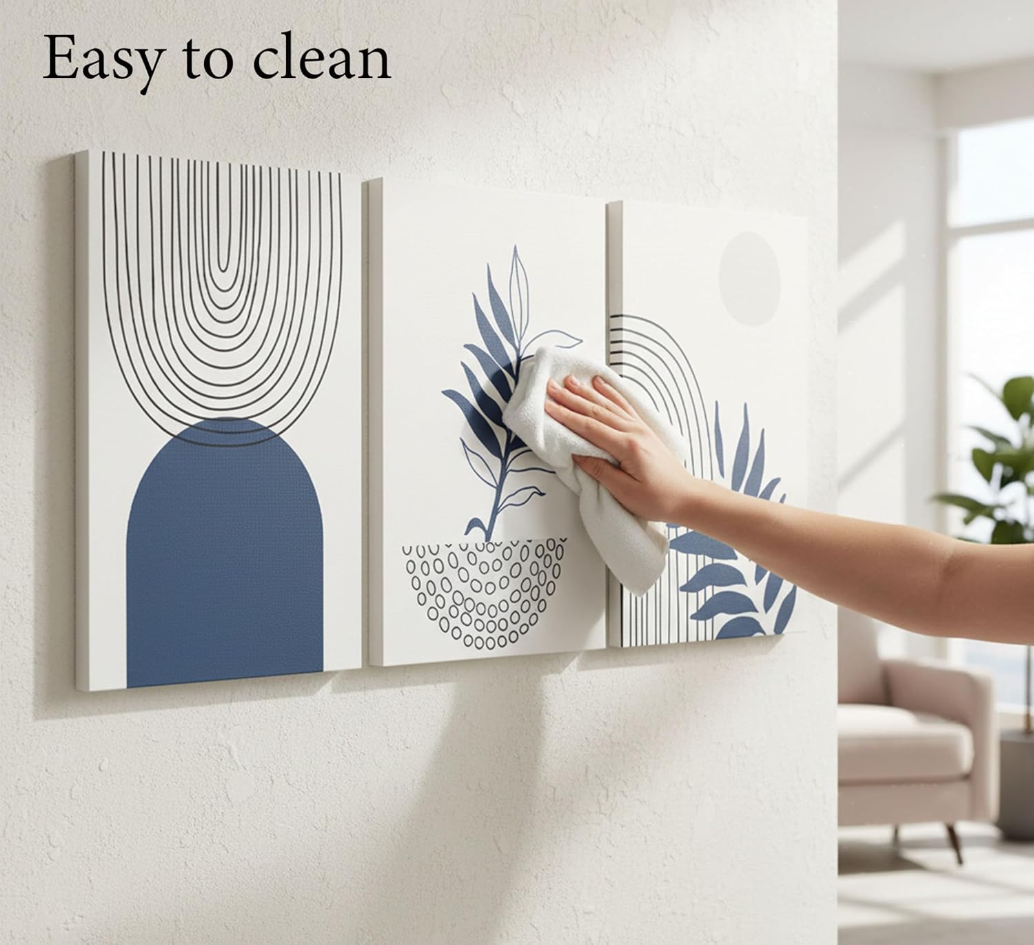 3Pcs Navy Blue Boho Canvas Wall Art Abstract Bohemian Poster Print Geometric Botanical Lines Picture Minimalist Mid-Century Modern Painting Wall Decor for Bathroom Bedroom Office 12x16in Framed