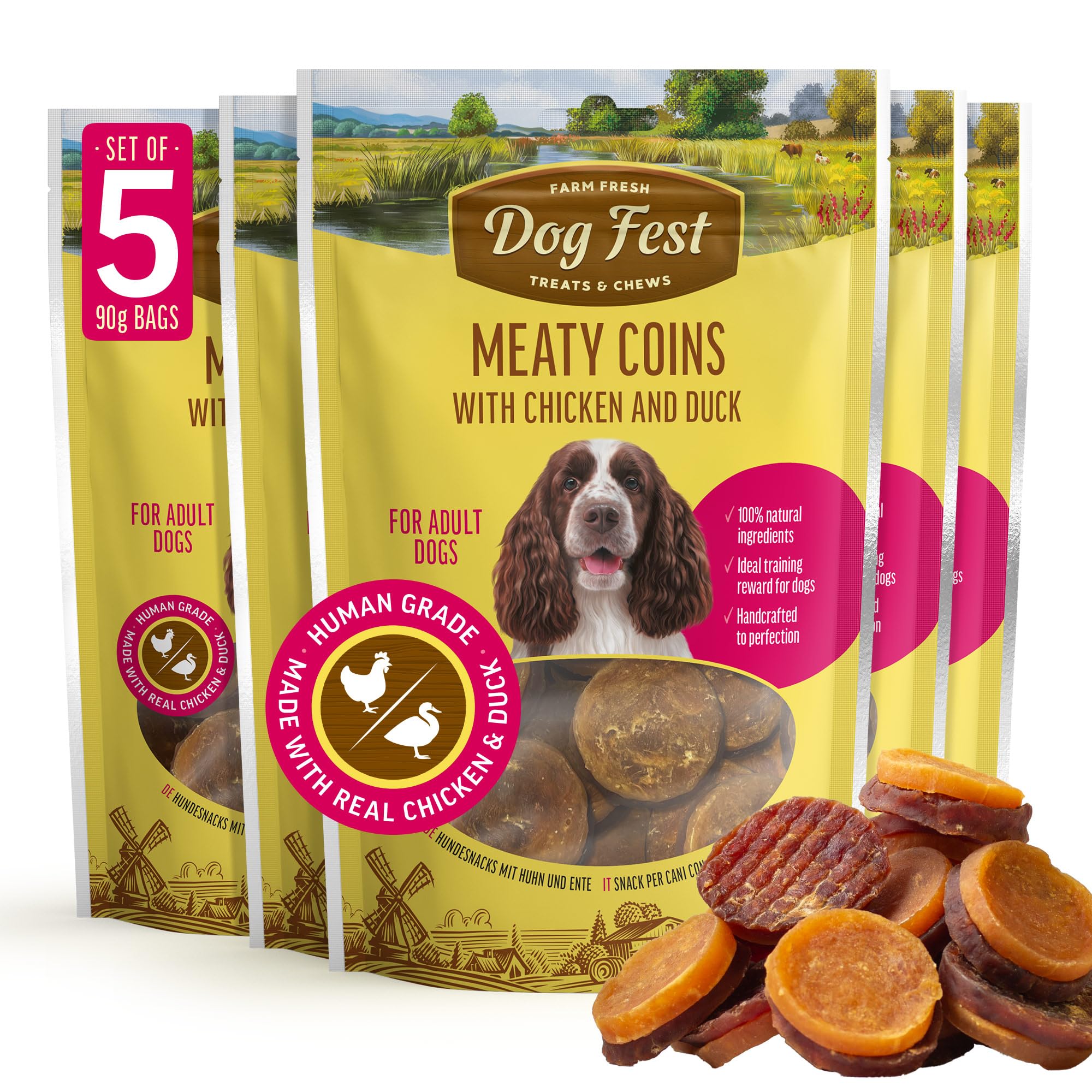 Dog Fest Meat Medallions High-Protein Dog Treats with 100% Natural Ingredients, for Adult Breeds (90 g (Pack of 5), Coins with Chicken & Duck)