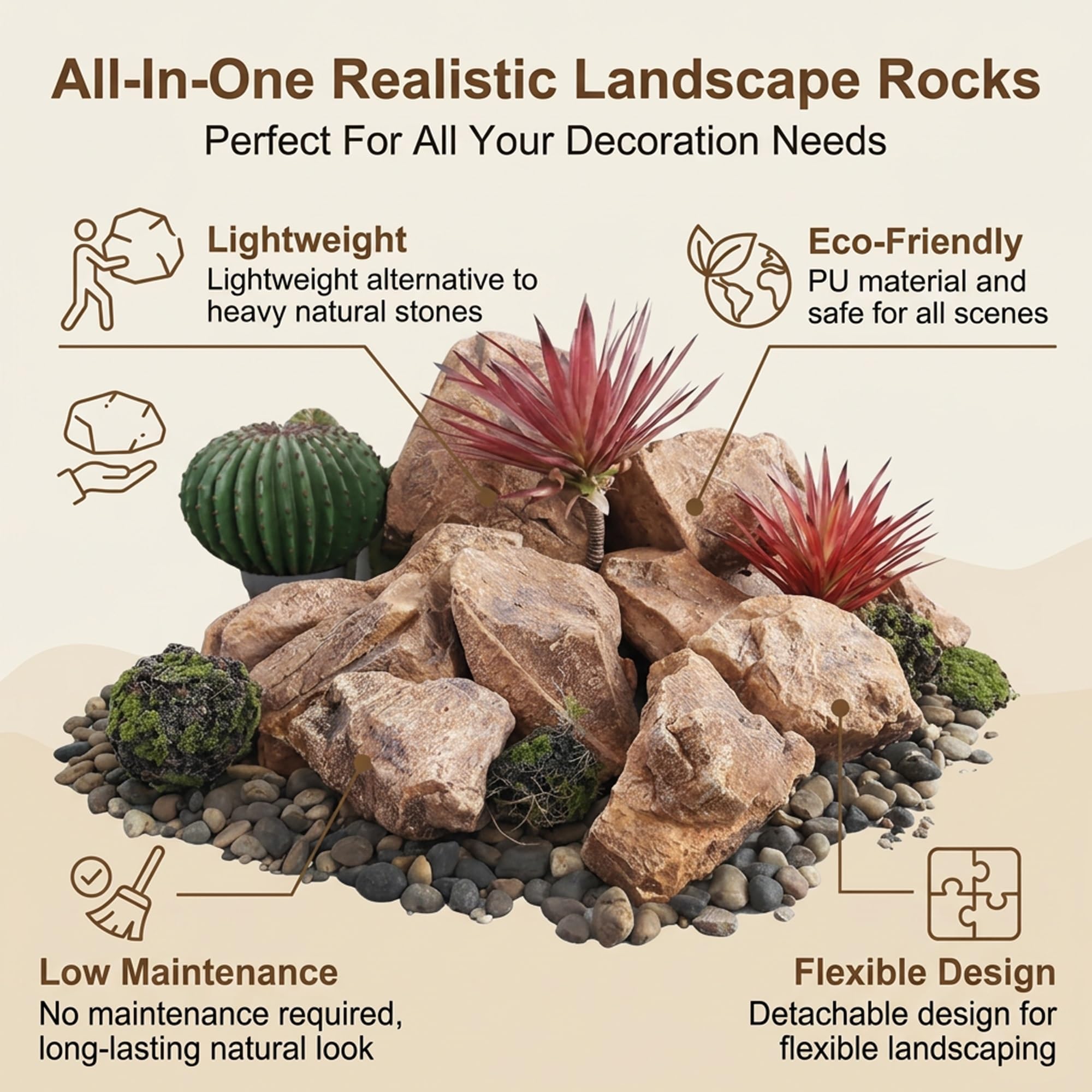 Roccia paesaggistica finta, masso decorativo artificiale in poliuretano | Pietra artificiale realistica per giardini e paesaggistica; ideale per nascondere impianti, laghetti e acquari(35x27x22cm)