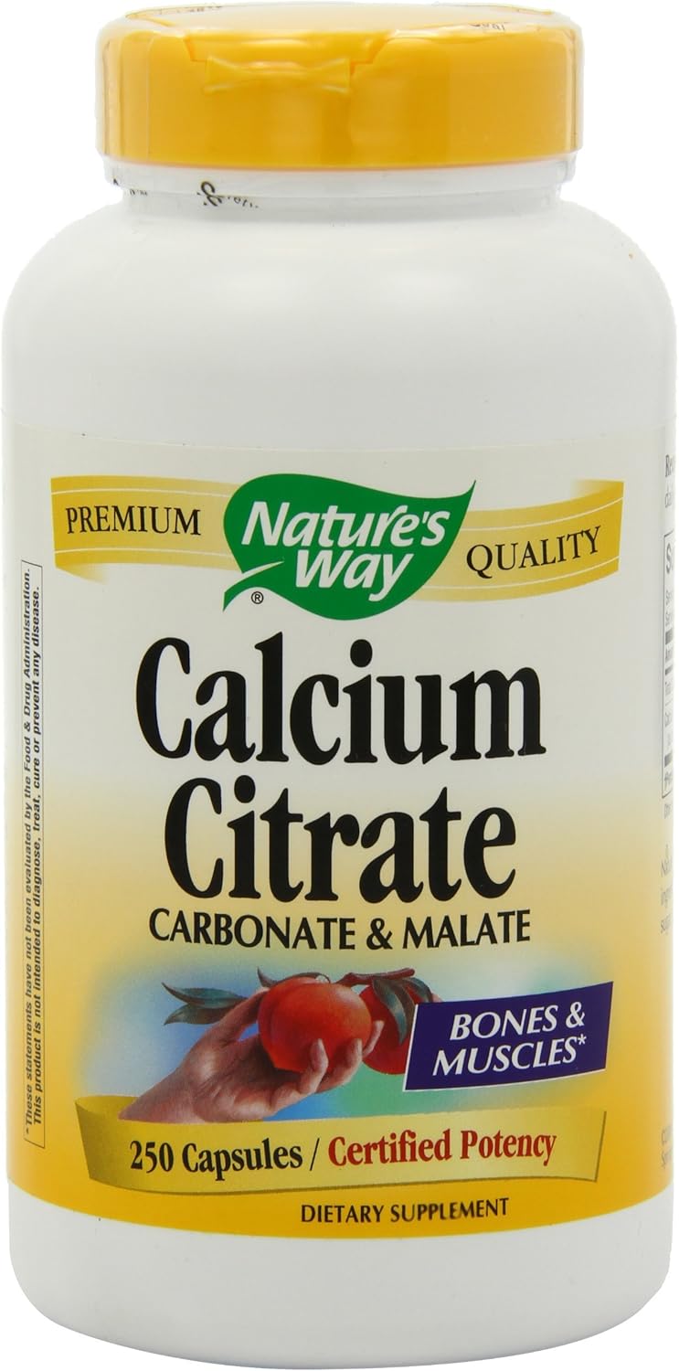 Nature&amp;#39;s Way Calcium Citrate, 500 mg Calcium per 2-Capsule Serving, for Bone Health &amp; Muscle Function, Blend of Citrate, Carbonate &amp; Malate, Gluten Free, 250 Capsules Packaging May Vary