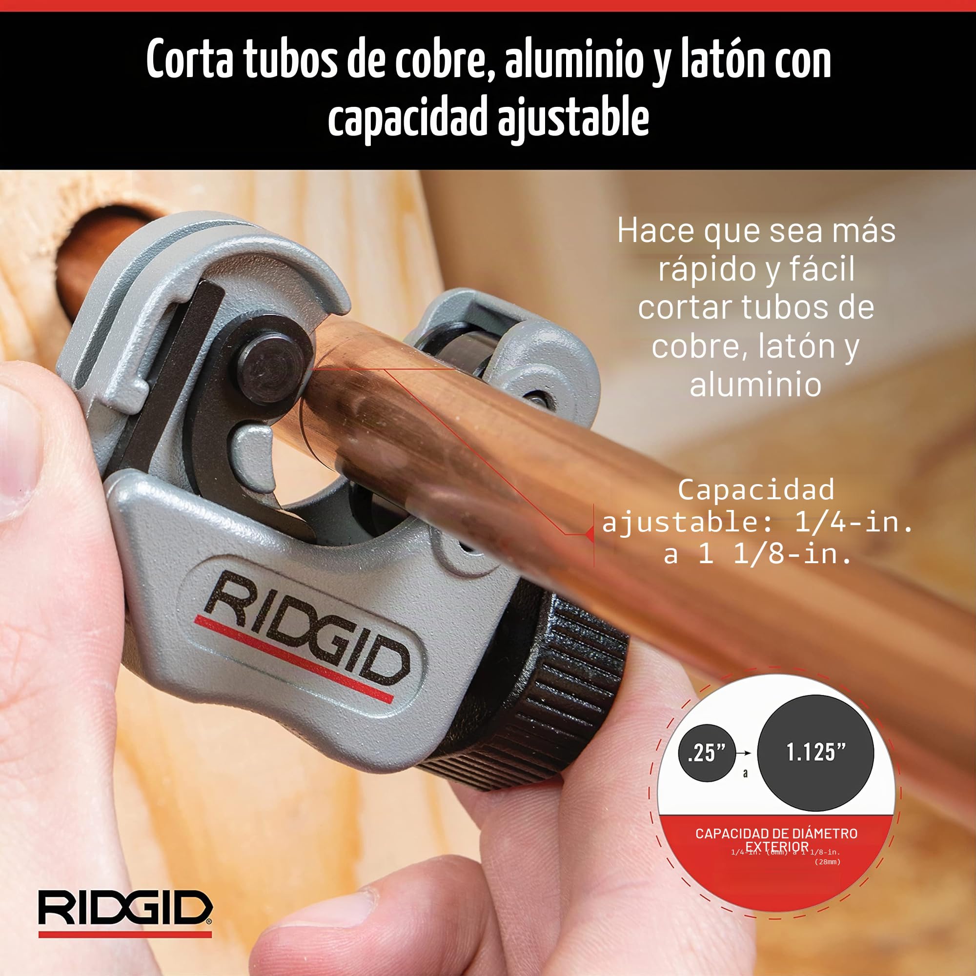 RIDGID 32573 Modelo 118 2 en 1 con empuñadura de trinquete Cortador AUTOFEED para espacios estrechos, Cortador de tuberías de 6 mm a 29 mm