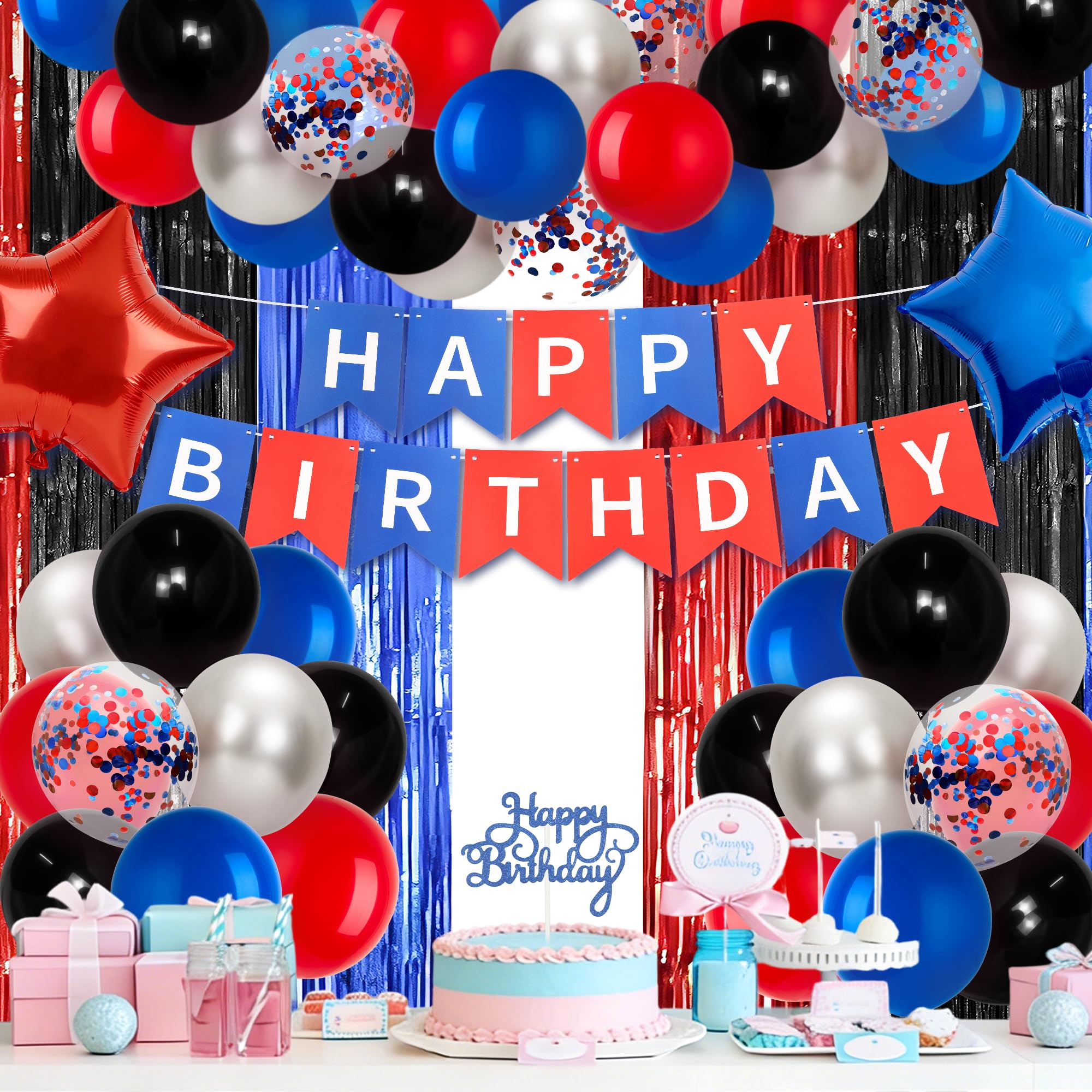 Birthday Decorations for Men, Red Blue Black Metallic Balloon Birthday Banners Bunting Cake Toppers Fringe Foil Backdrop Curtains Happy Birthday Balloons Set for Party Supplies