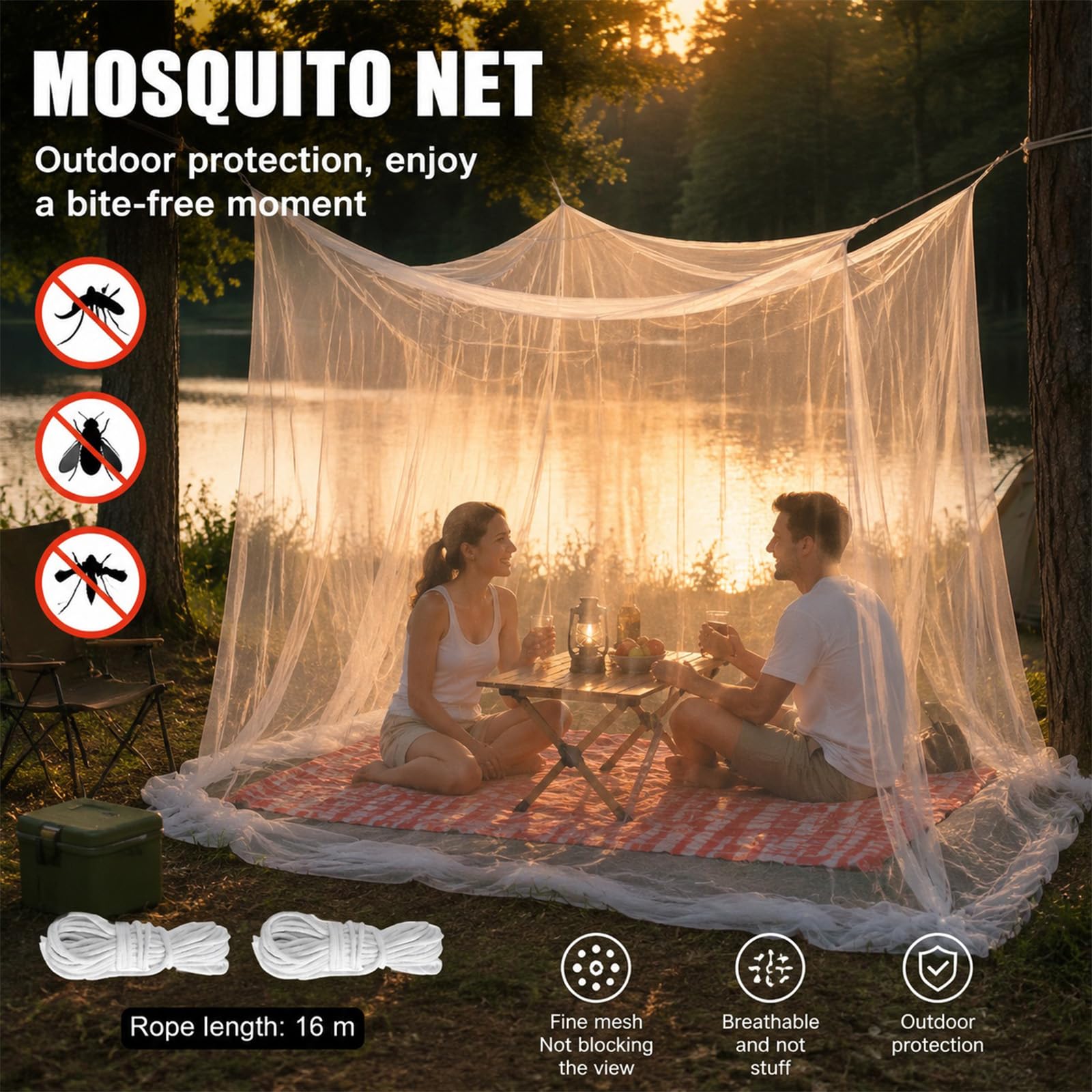 Moskitonetz Bett mit 1 Tür, Moskitonetz Camping Extra groß, Mückennetz Bett Geeignet für Pavillons, Gärten, Terrassen und Camping (Weiß)