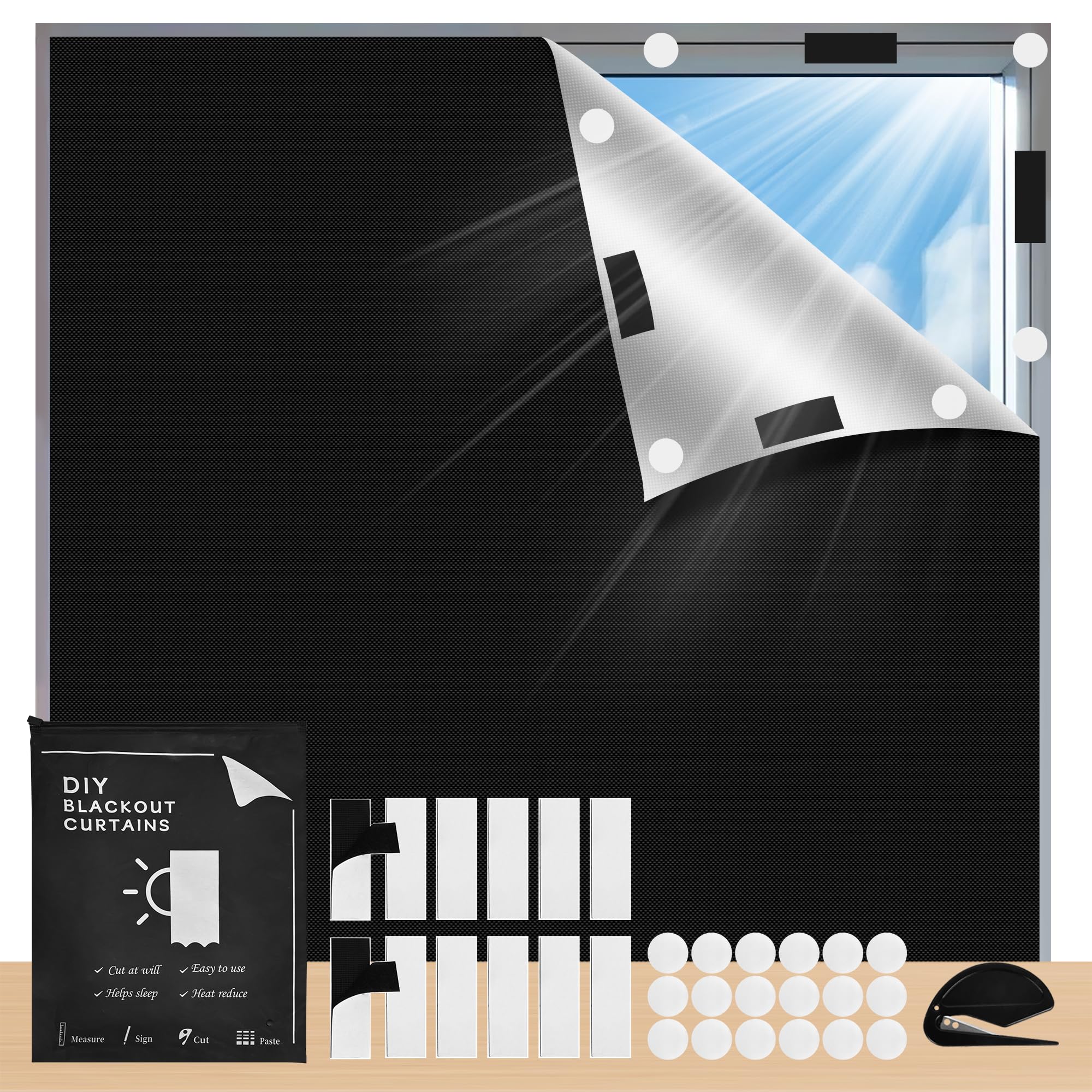 TIYCNIY Blackout Blind, 100x145cm Portable No Drill Fits Any Size Shape Blackout Blinds Stick on Window, with Strong Hook & Loop Fasteners for Bedroom, Nursery, Skylight and Travel