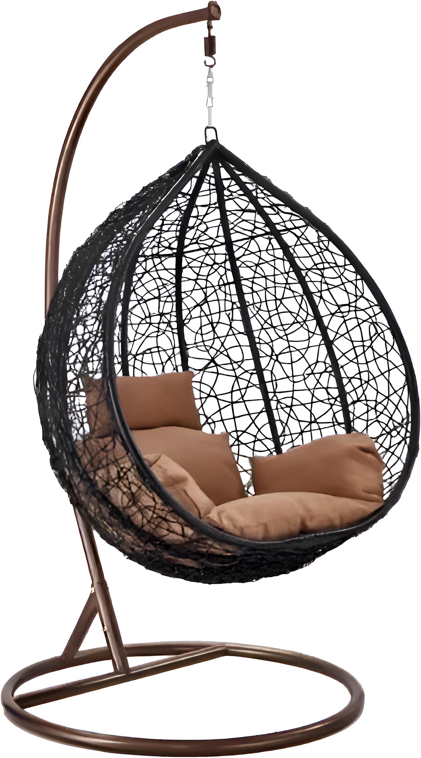 Hindoro Rattan Wicker Wrought Iron Single Seater Swing Chair with Stand & Cushion & Hook Outdoor || Indoor || Balcony || Garden || Patio || Living Outdoor Furniture (Black with Brown, Oval)