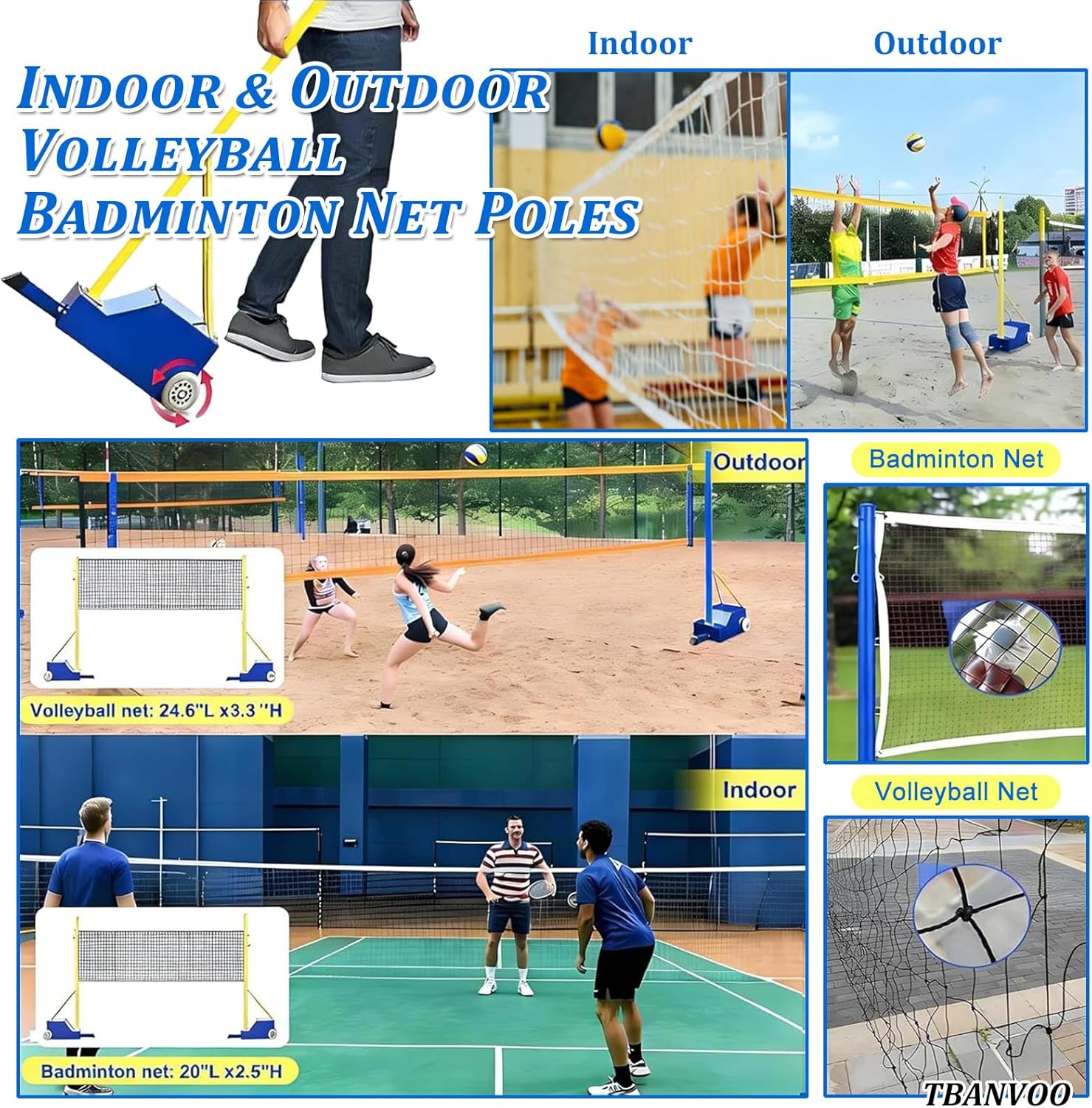 Portable Volleyball/Badminton Net Poles with Wheels, Heavy Duty Steel Stand Adjustable Height 5-7FT, Stable Base for Indoor & Outdoor Backyard, School, Training