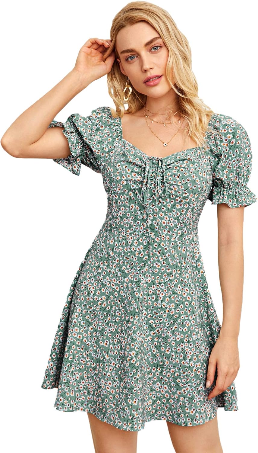 Verdusa Women's Milkmaid Dresses Floral Puff Short Sleeve Ruched A Line V Neck Ruffle Mini Short Dress