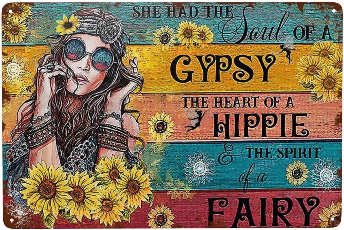 Sunflower Vintage Metal Tin Sign - She Has Gypsy Soul Hippie Soul Fairytale Metal Poster, Wall Art, Vintage Aluminum Sign Home Kitchen Coffee Bathroom Wall Decor 12x8inch
