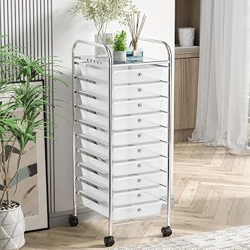 10-Tier Rolling Cart with Drawers, Storage Cart with Universal Wheel & Metal Frame, Multipurpose Mobile Trolley Utility Cart for Small Space Makeup Kitchen Office Play Room Clear