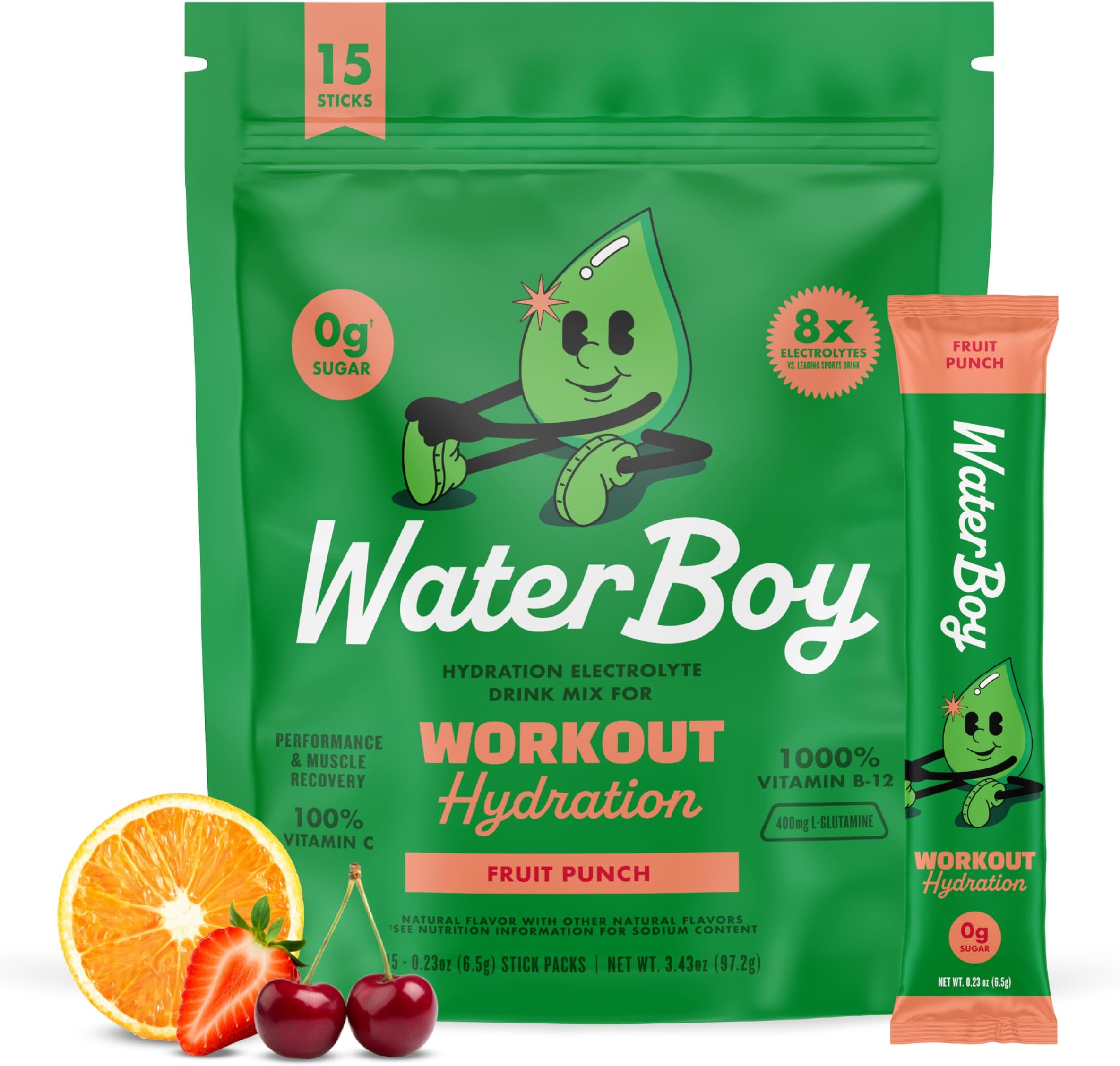 Waterboy Workout Hydration | 2,960mg Sugar Free Electrolyte Powder Packets | L-Glutamine + Vitamins | No Sugar, All Natural, Gluten Free | 15 Drink Stick Mixes (Fruit Punch)