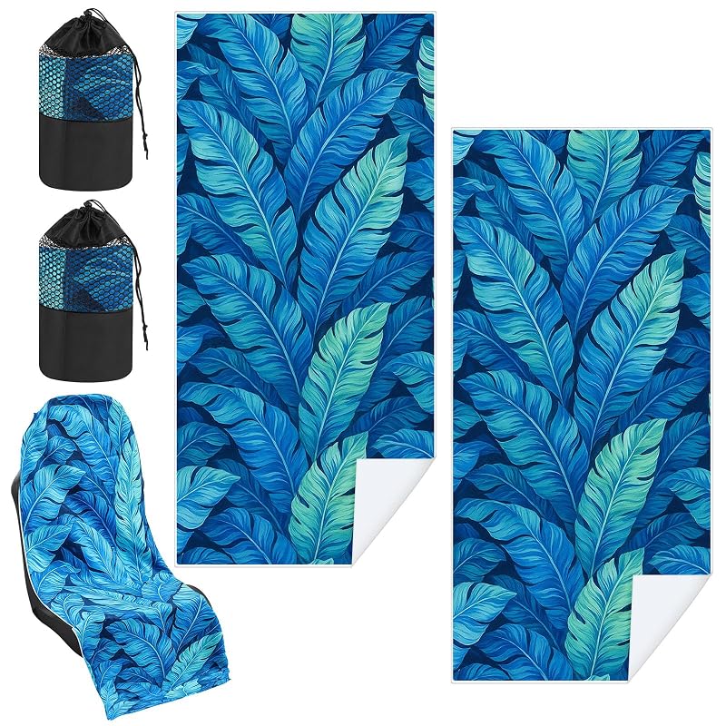 Hahafelt Capa de Banco para Carro em Toalha com Bolsa, Azul com Folhas, Kit com 2 unidades