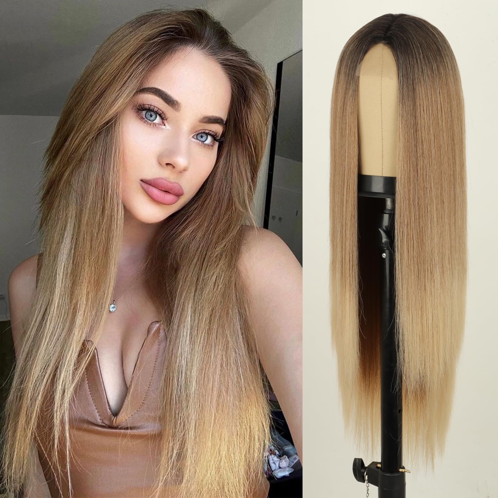 Xinran Long Straight Ombre Blonde Wig for Women，Long Straight Synthetic Brown Blonde Ombre Wig，Natural Hairline Replacement Daily Use 30 Inch