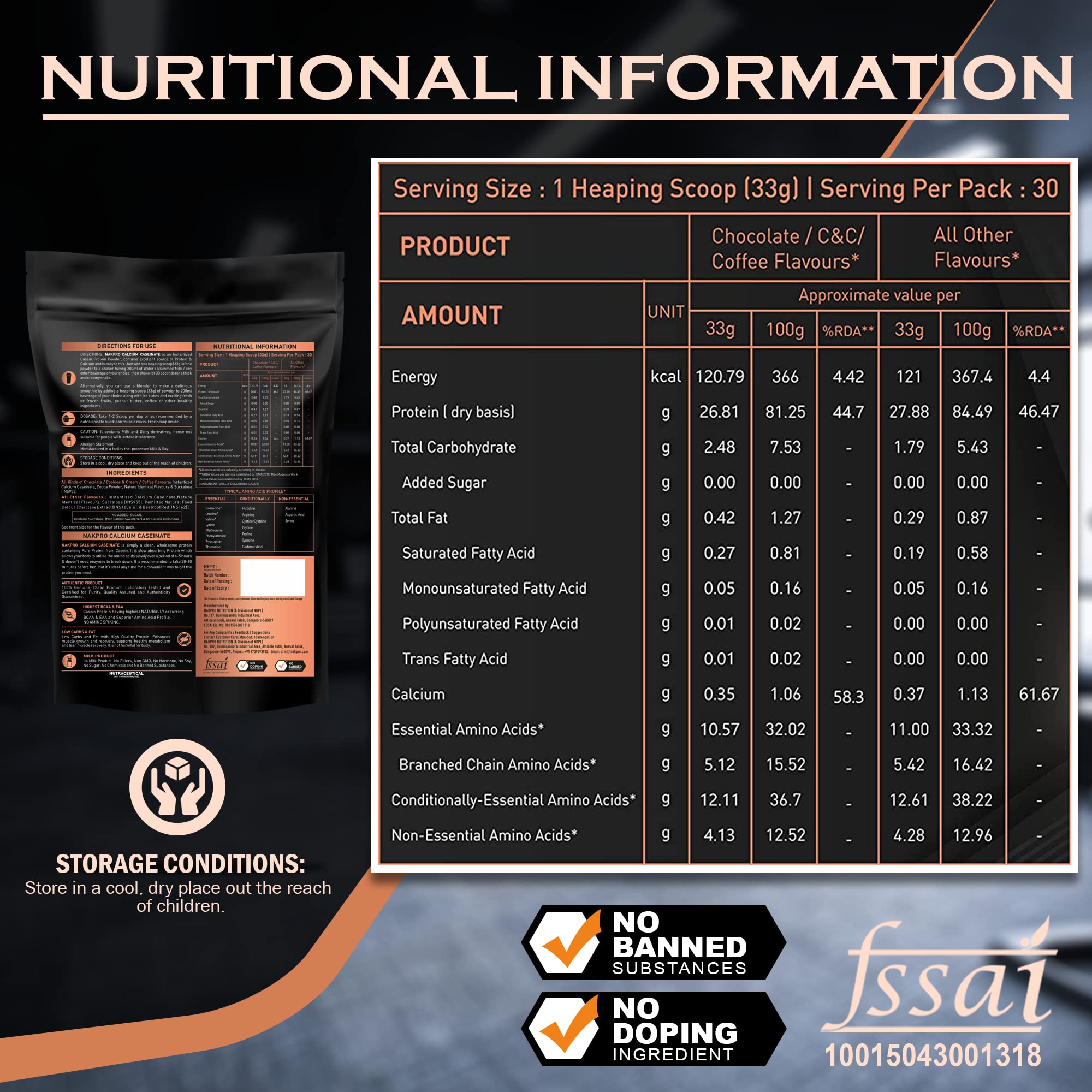 NAKPRO Calcium Caseinate | 26.81g Protein, 5.12g BCAA | Helps in Muscle Recovery | Slow Absorbing, Slow Digesting, Low Carbs Casein Protein Powder (1 Kg, Chocolate) 1