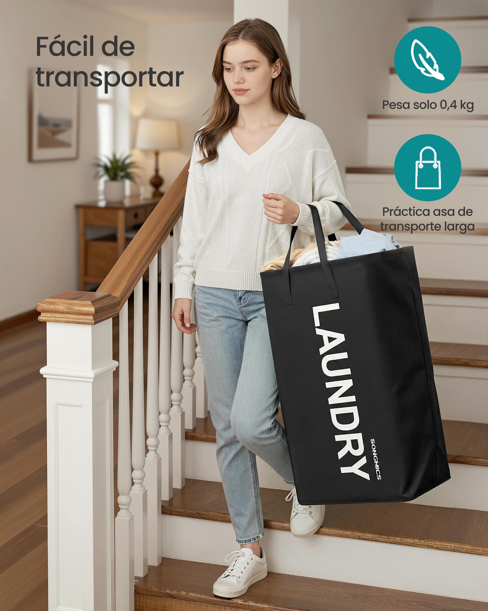 SONGMICS Cesto Ropa Sucia, 80 L, Cesta de Ropa Plegable, con Asa, Bolsa para Ropa, Repelente al Agua, para Lavadero, Dormitorio, Baño, Negro Tinta RLH001BH01