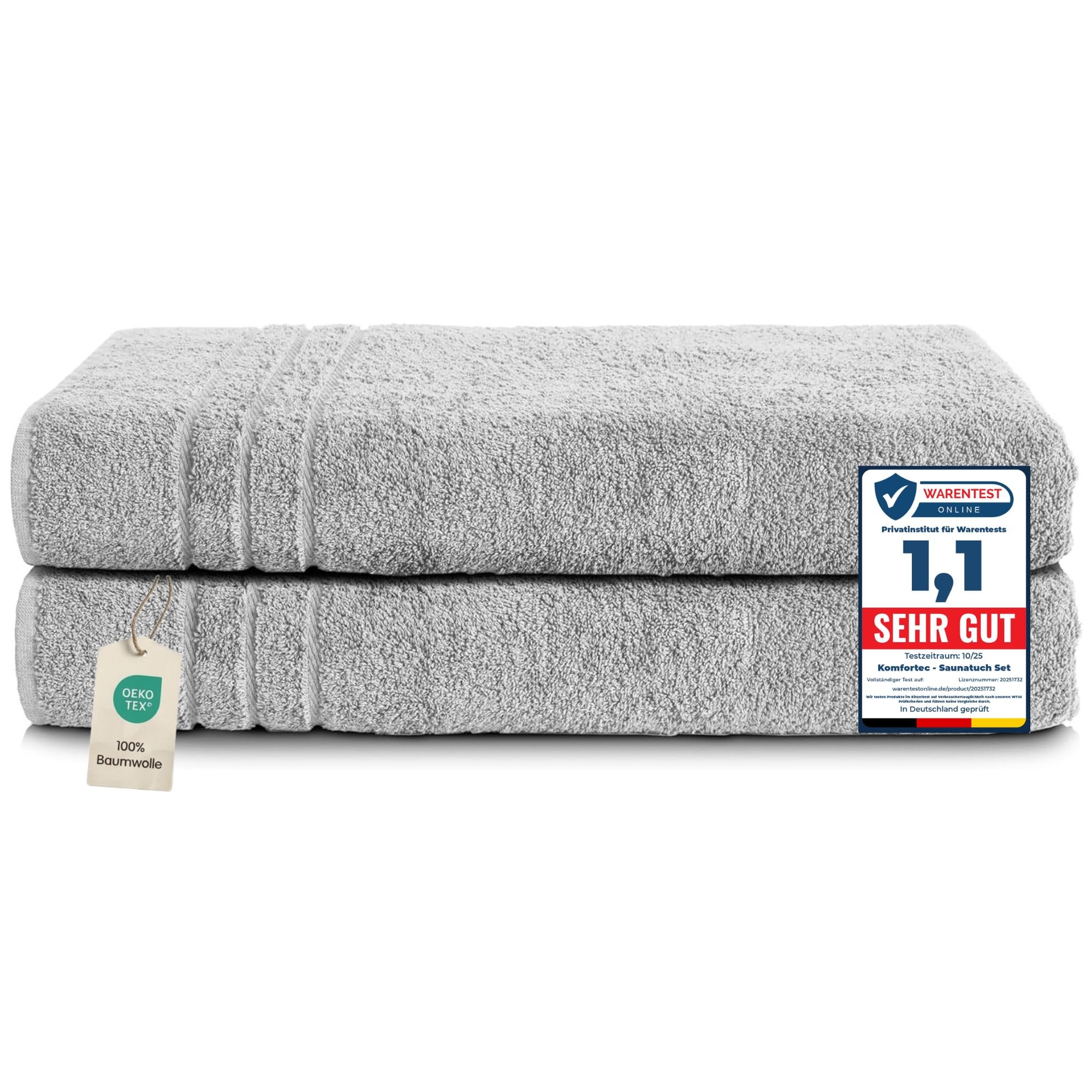 Komfortec 2er Saunahandtuch Set 80x200 cm, Große Saunatücher aus 100% Baumwolle, Sauna Handtücher, Flauschig und Saugstark, Schnelltrocknend, Silber Grau