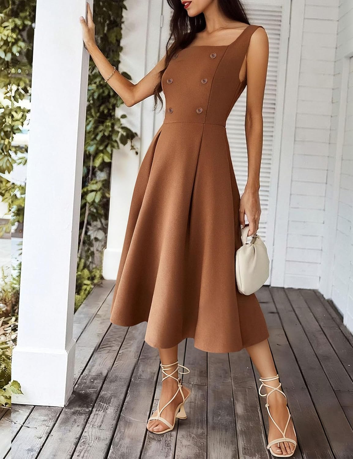 Womens Sleeveless Square Neck A Line Midi Tank Dress Double Breasted Casual Flowy Elegant Dresses - Image 6