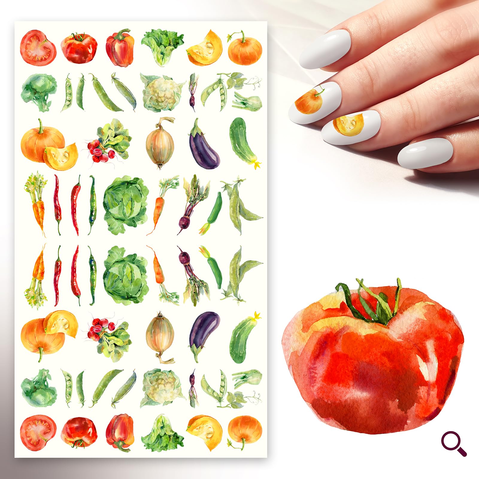Nail Stickers Decals (5 Sheets) Tasty Vegetables Vintage Watercolor Painting FLONZNAIL Nail Décor