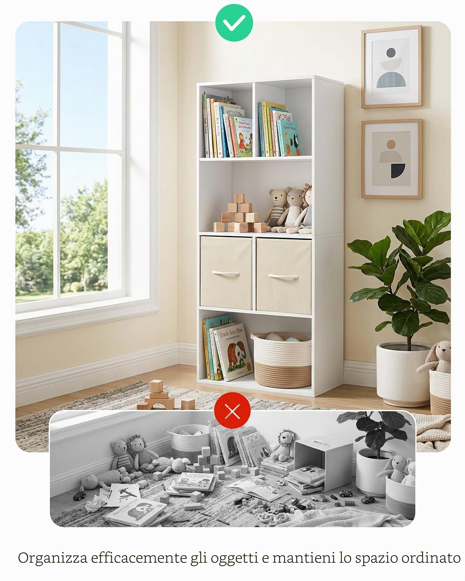Libreria per Bambini e Ragazzi Scaffale porta Giocattoli con 2 Cassetti in Tessuto Mobile porta Libri Multiuso per Cameretta e Soggiorno Struttura Stabile 50 x 29 x 121 cm Bianco