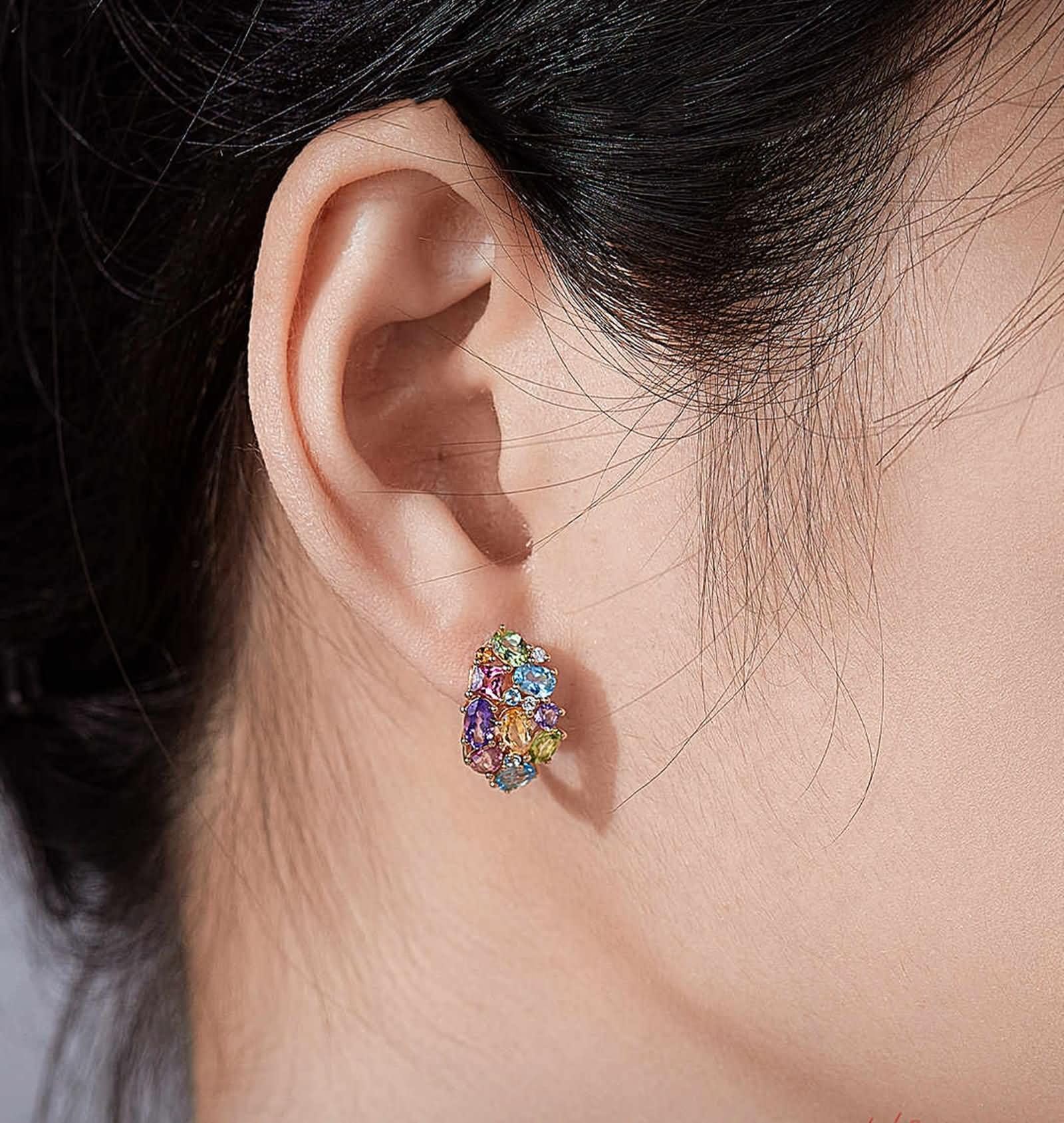 Pendientes de aro de oro amarillo de 9 K, 14 y 18 quilates para mujer, con piedras preciosas naturales coloridas
