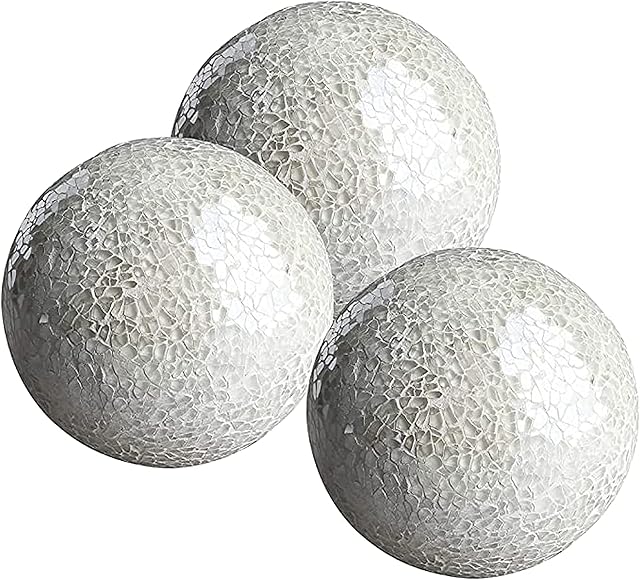 WHOLE HOUSEWARES | Decorative Balls | Set of 3 Glass Mosaic Orbs for Bowls | 10 cm Diameter | Table Centerpiece | Coffee Table and House Decor (White)