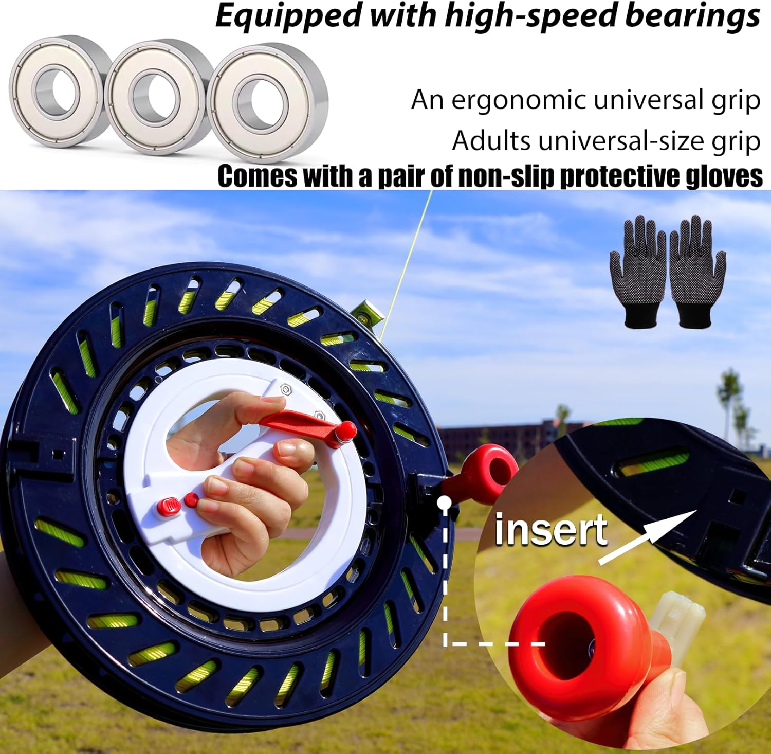 Kite Reel with Upgraded Braking and Anti-Reverse Function, Sizes 9.5 to 11.03'', Kite String in Lengths of 2100 to 2800 Feet, Large-Size Grip, Any Position Can be Locked, Kite String Spool for Adults