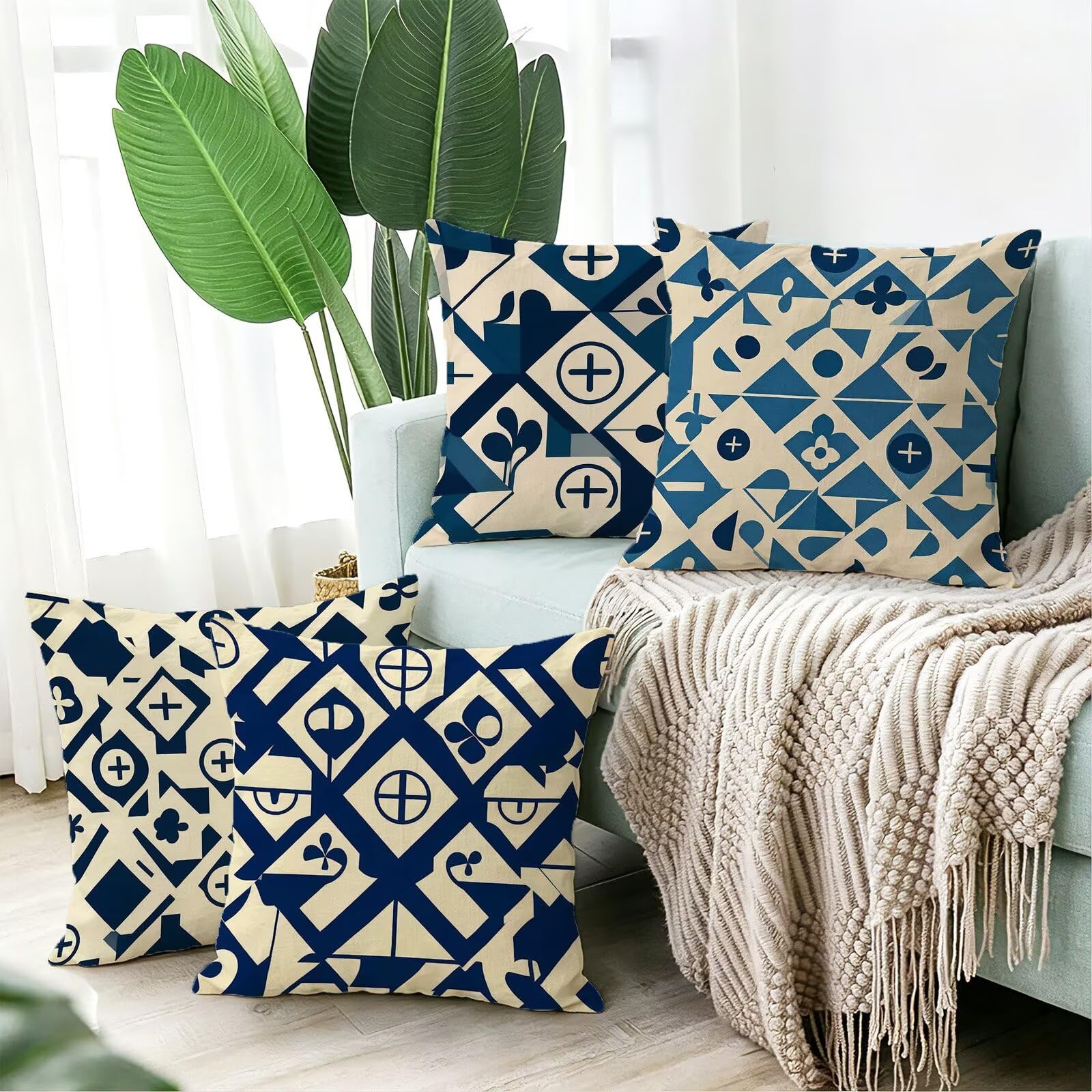 Blu Federe Cuscini Divano 50x50cm, Cuscini da Esterno Set de 4, Cod-128 | Lin Copricuscini Decorativi Letto Arredo, per Letto, Soggiorno, Giardino, Esterno, Casa Decorazione Set di 4 Geometria