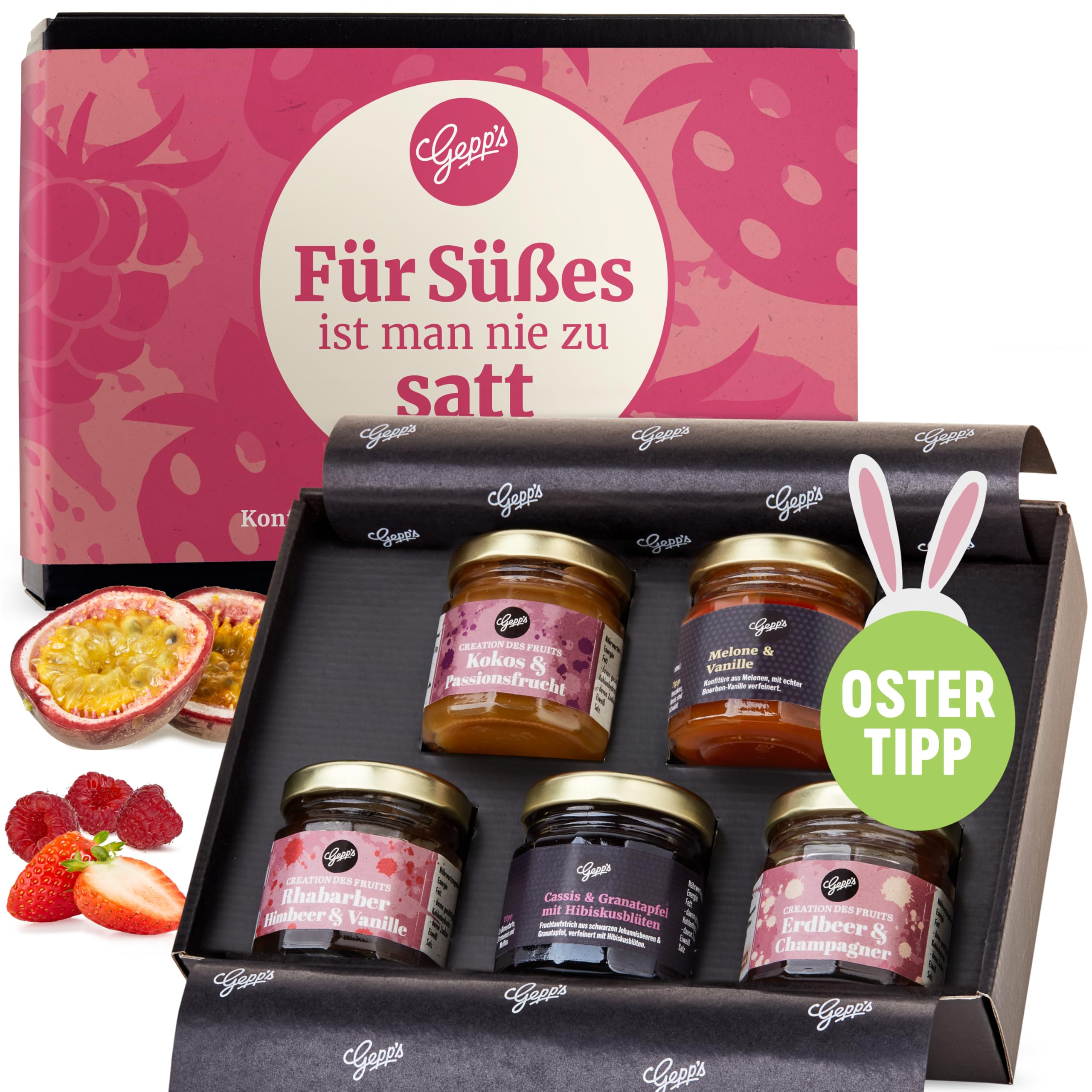 Gepp's Feinkost Frühstück Marmeladen Set I Mini Konfitüren in verschiedenen Geschmacksrichtungen I Geschenk mit Spezialitäten wie Mango Ingwer Erdbeer & Champagner Fruchtaufstrich