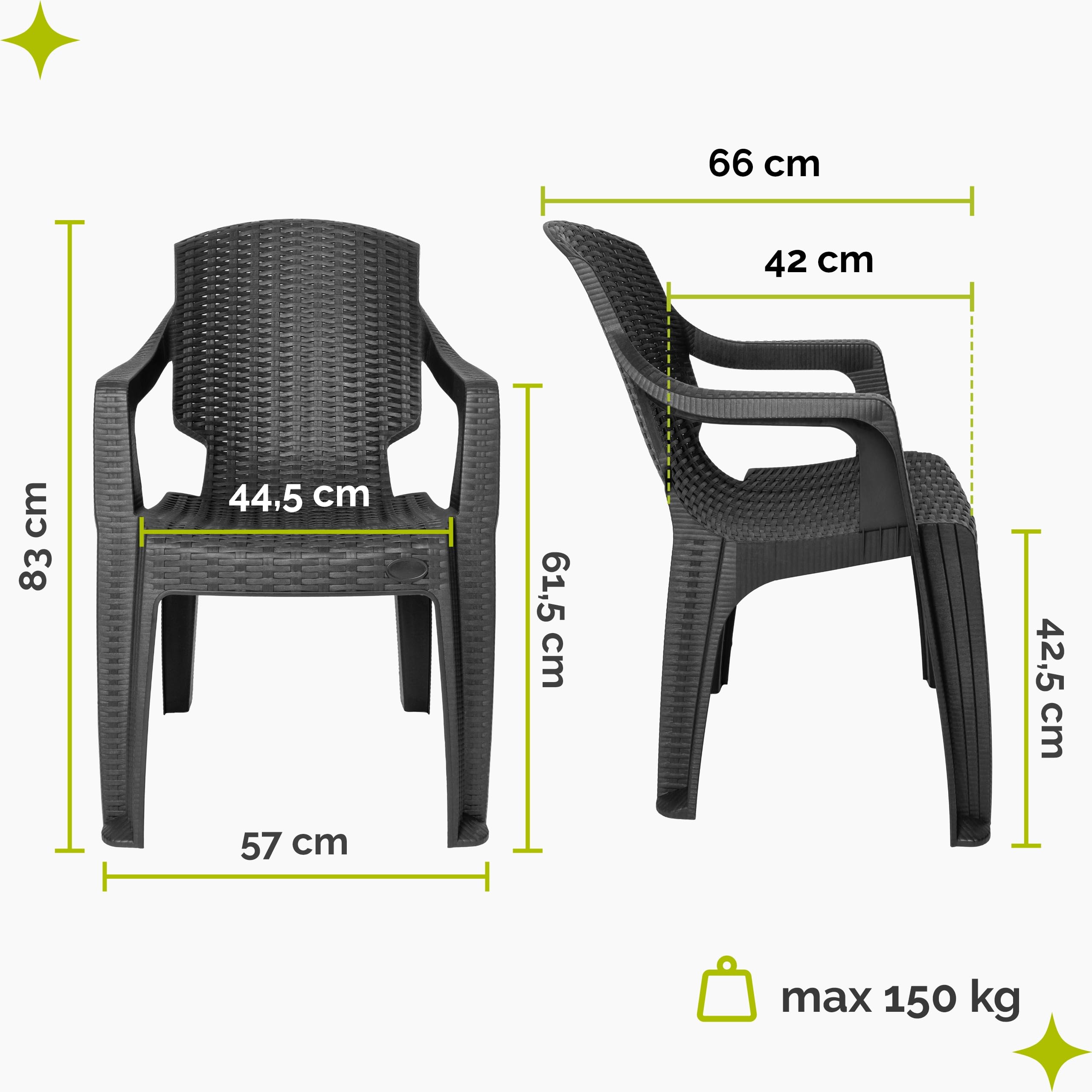 Garronda Lot de 4 Chaises de Jardin Extérieur Empilables Anthracite GD-0254 | Fauteuils Rotin Accoudoirs, Durable, Résistant aux UV, Intempéries, Mobilier de Balcon, Terrasse, Camping et Restaurant