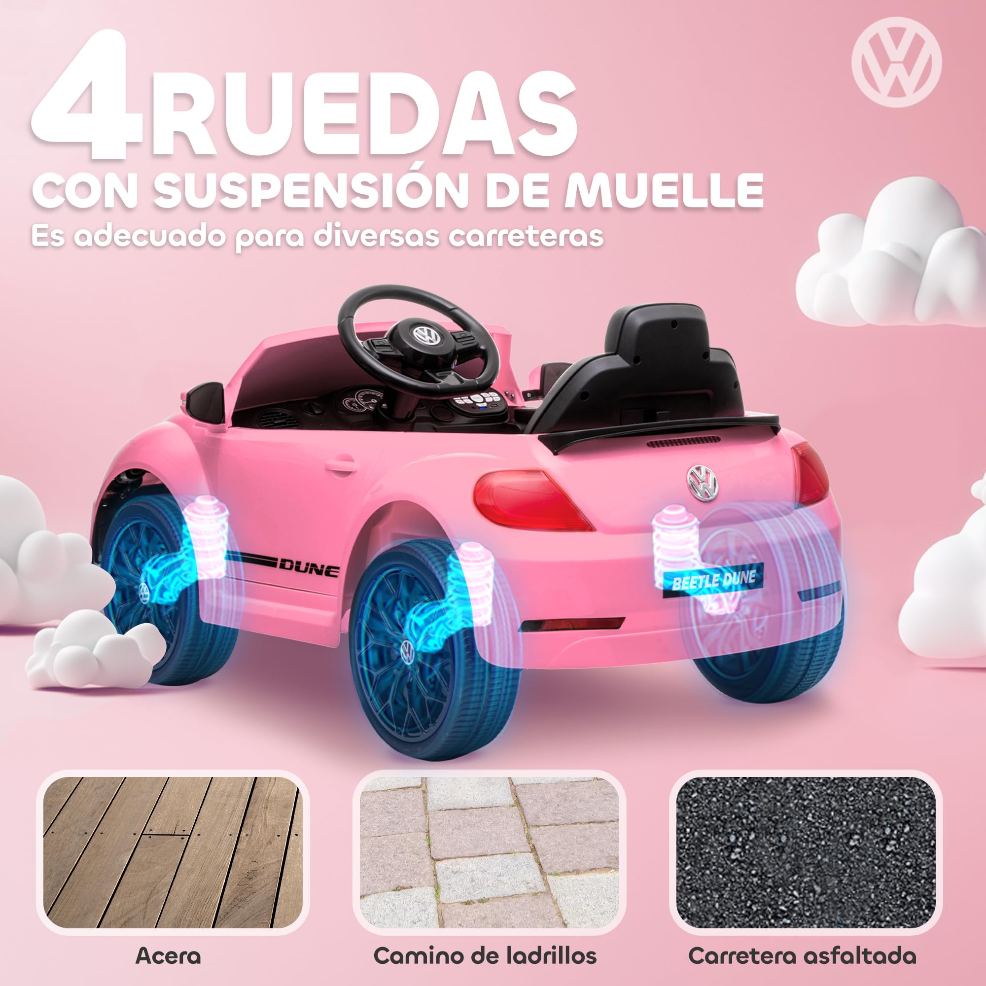 AIYAPLAY Coche Eléctrico para Niños de +3 Años Volkswagen Beetle 12V Rosa | Carro Eléctrico Infantil, Mando a Distancia, Faros, Bocina y Música