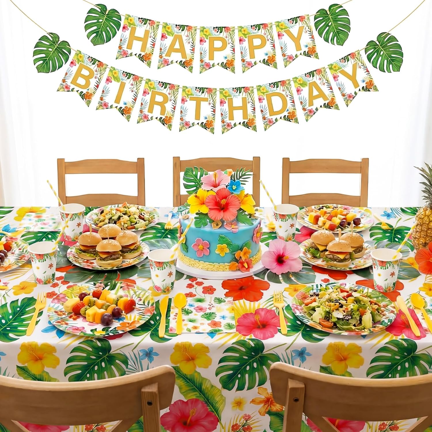 Vesici 452 Pcs Tropical Luau Party Supplies Set for 50 Guests Include 9'' 7'' Paper Plates 9 oz Cups Napkins Tablecloths Forks Spoons Straws for Aloha Hawaiian Hibiscus Flower Birthday Decorations