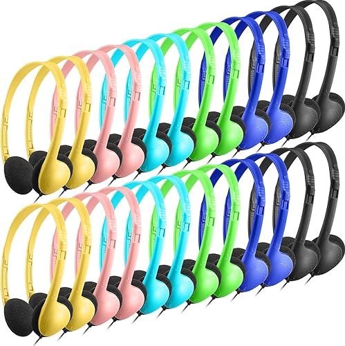 24 auriculares a granel para el aula, auriculares ajustables sobre la cabeza, auriculares con cable para niños con enchufe de auriculares de 0.138