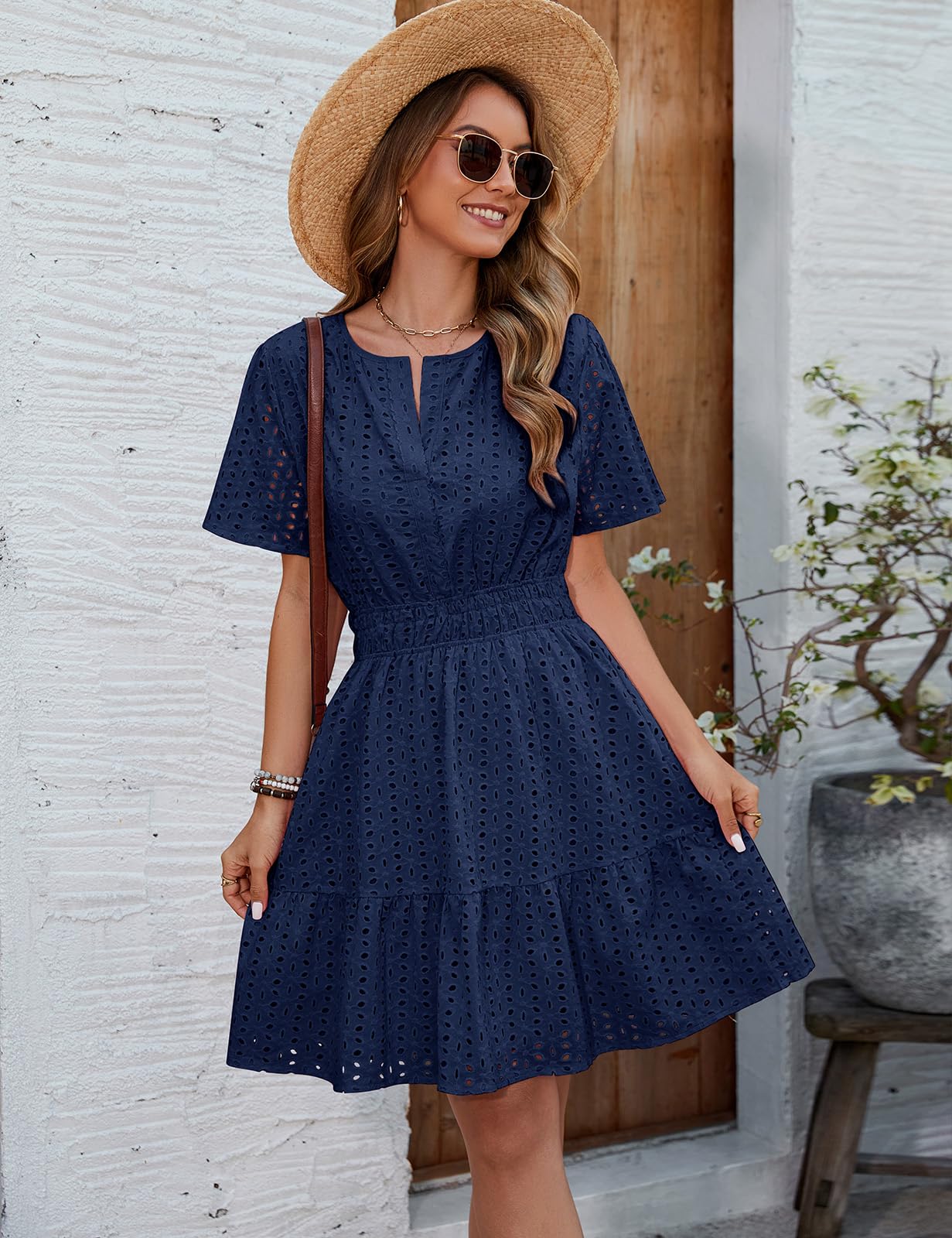 Svanco Vestito Donna in Cotone, Abito Estivo Donna Elegante con Scollo a V e Motivo Traforato, Abito Cerimonia Donna per Matrimonio in Spiaggia, Casual, Feste e Vita Quotidiana