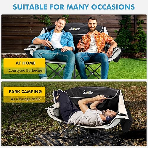 Miniatura 8 de Silla de campamento doble para adultos, silla plegable al aire libre con 2 bolsas enfriadoras, soporta 500 libras, silla de campamento resistente