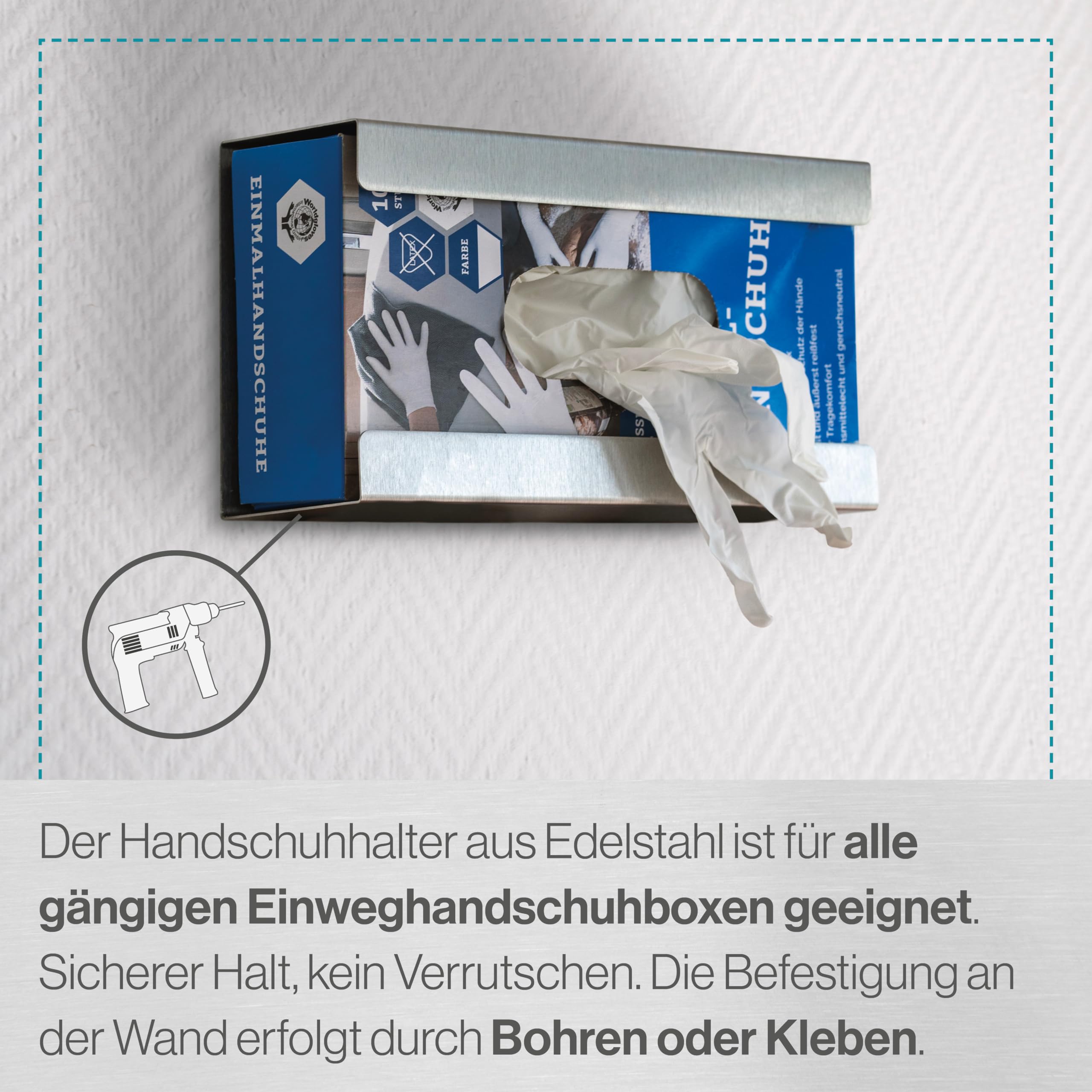 Handschuhhalter Edelstahl Wand Bohren & Kleben - Spender für Einmalhandschuhe - Handschuhspender Wandhalter - Handschuhbox Halterung (Für 1x Einweghandschuhe)