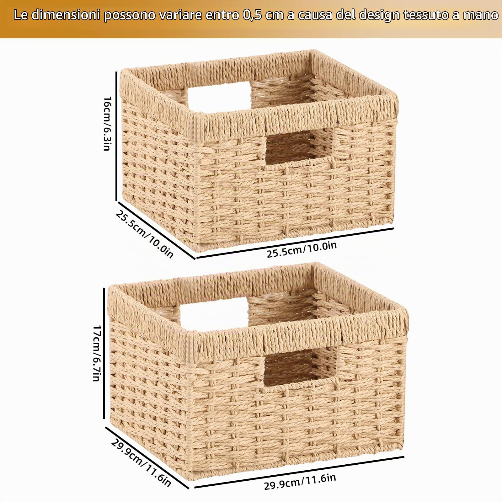 Set da 2 Cesto Portaoggetti, Cestino Intrecciato con Maniglia, Impilabile Organizer, Grande 30×30×17.5cm, Piccola 25.5×25.5×16cm, Cestini Decorativo, Naturale
