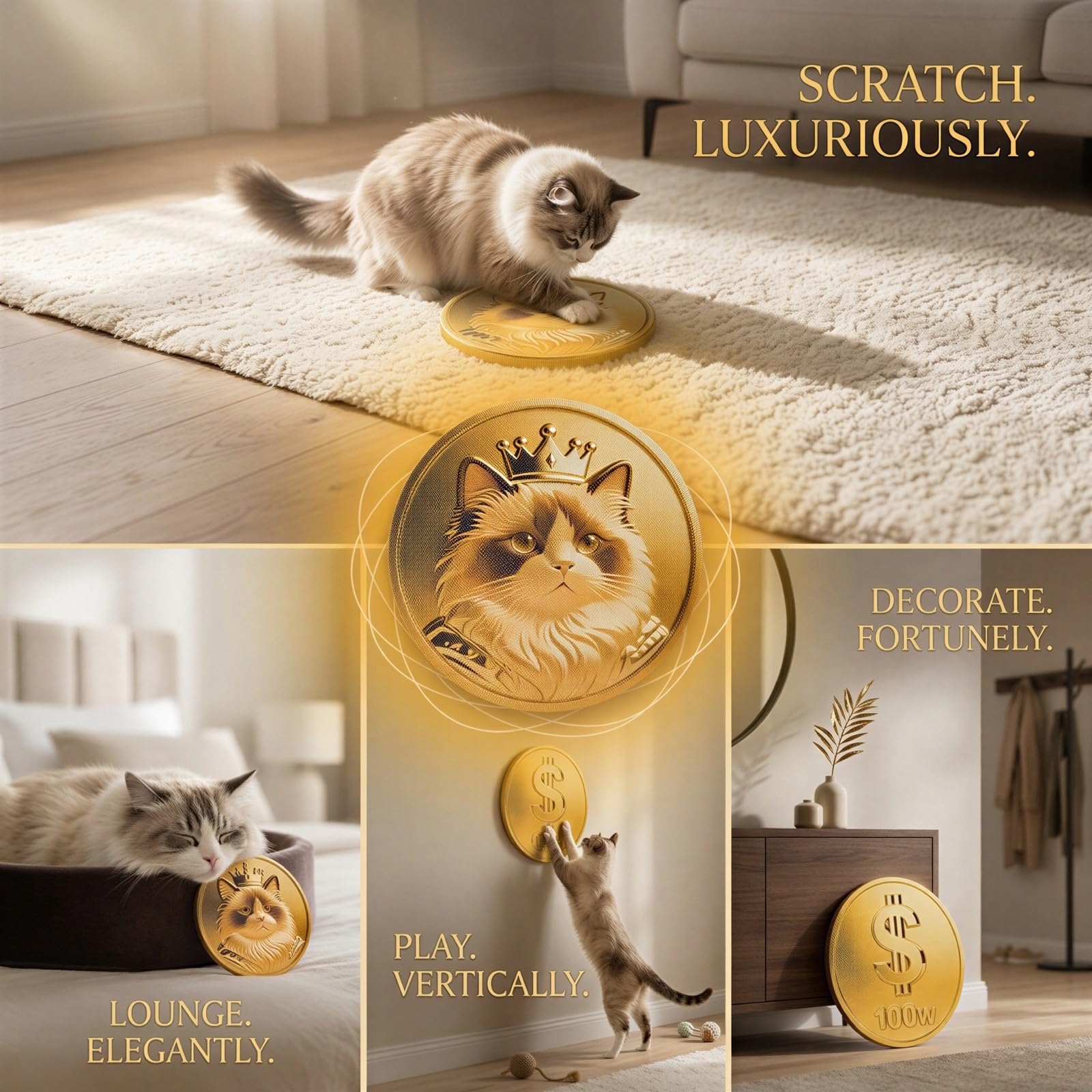 Griffoir pour Chat, Carton à gratter Mural Double Face, Motif Emblème de Fortune d’Un côté et Motif Monnaie de l’Autre, pour Chats d’intérieur, Tapis de griffage pour Jouer et se Reposer