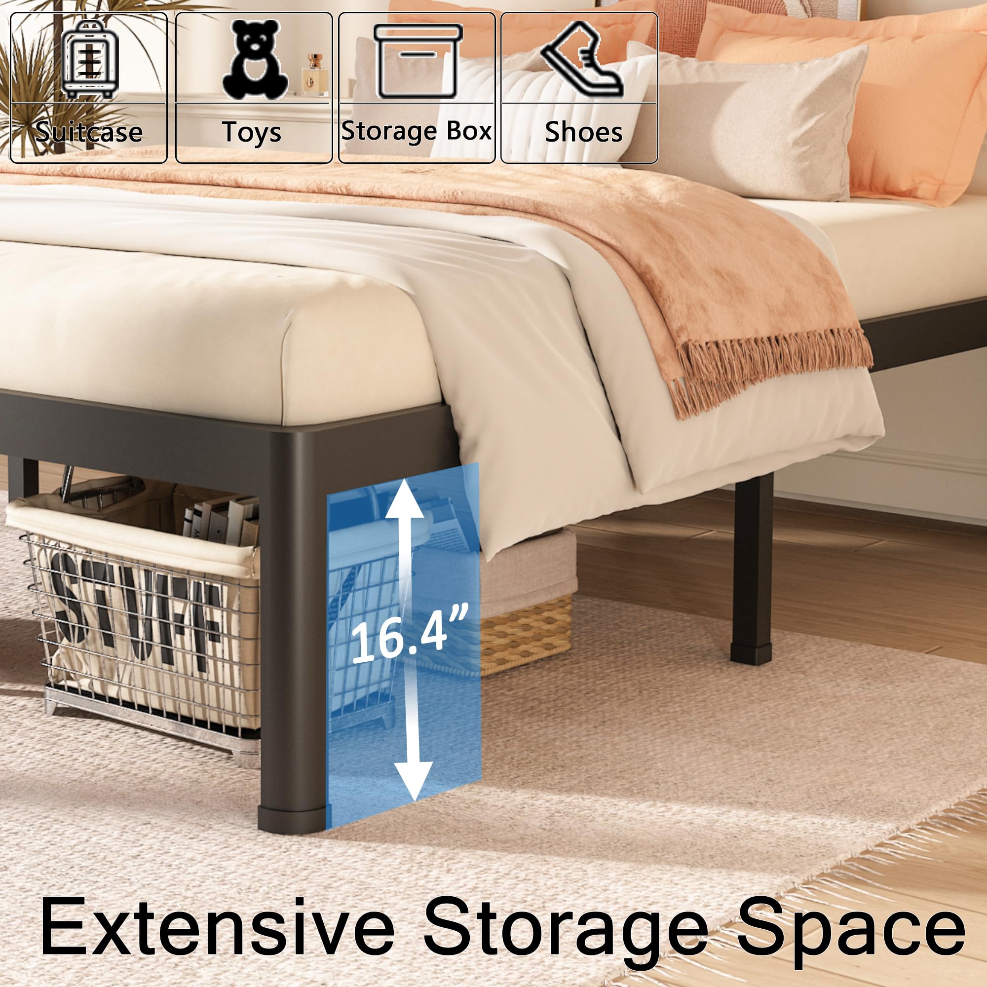 Telaio Letto Matrimoniale In Metallo FUIOBYVV – 40,6 Cm Altezza – Struttura Resistente Con Doghe In Acciaio – Supporta 1587 Kg